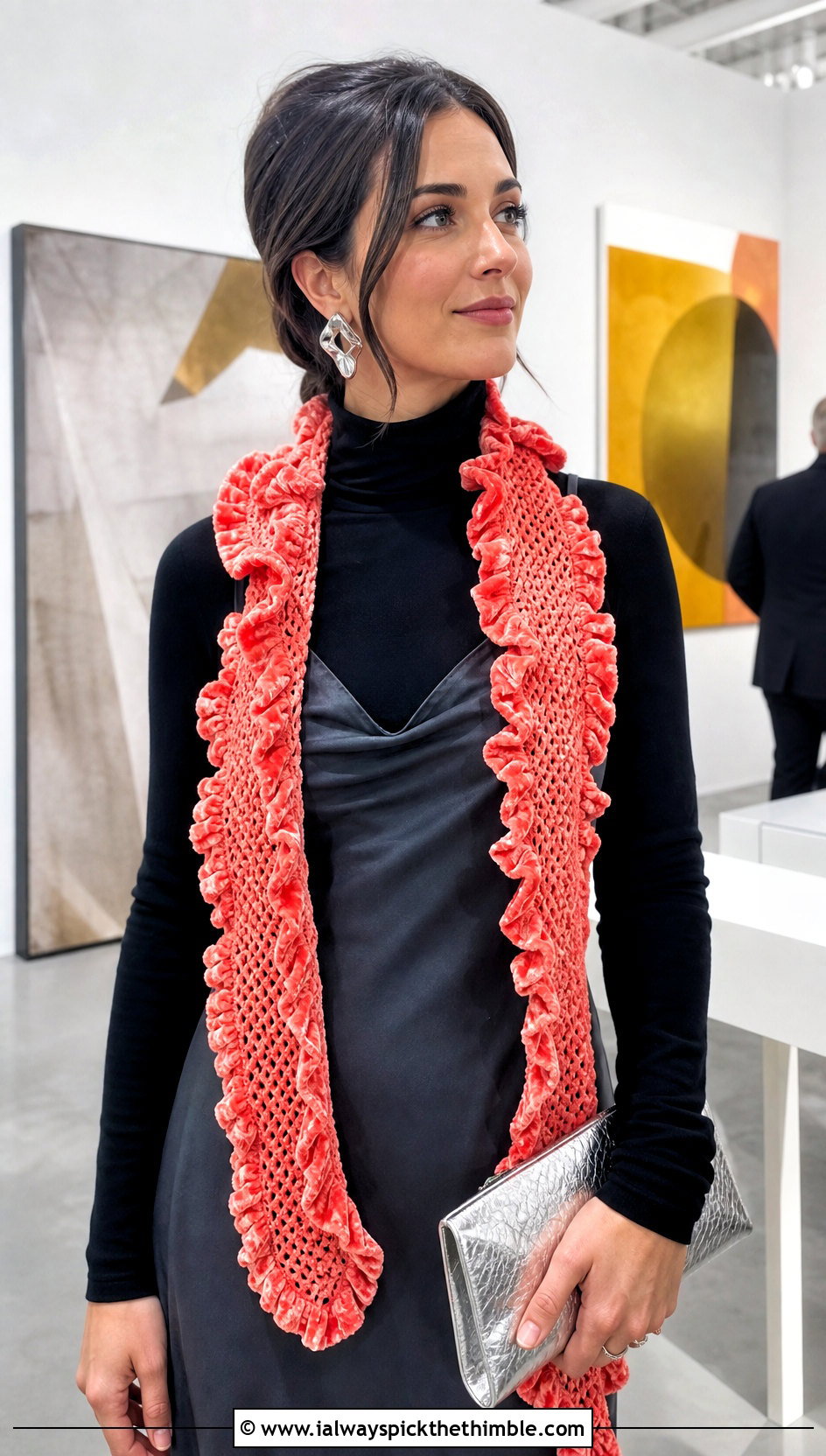 Ruffled Crochet Velvet Scarf With Slip Dress - 20 Crochet Velvet Scarf outfit ideas