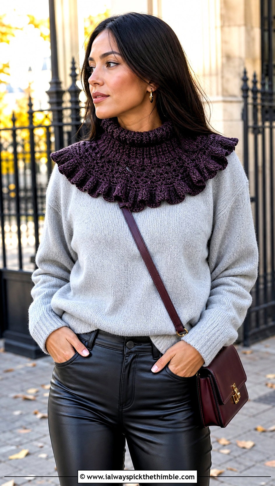 Ruffled Crocheted Collar With Sweater And Leather Pants - 15 Crocheted Collars outfit ideas