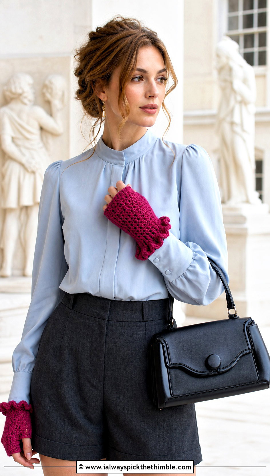 Ruffled Cuff Crocheted Fingerless Gloves With Blouse And Tailored Shorts - 20 crocheted fingerless gloves outfit ideas