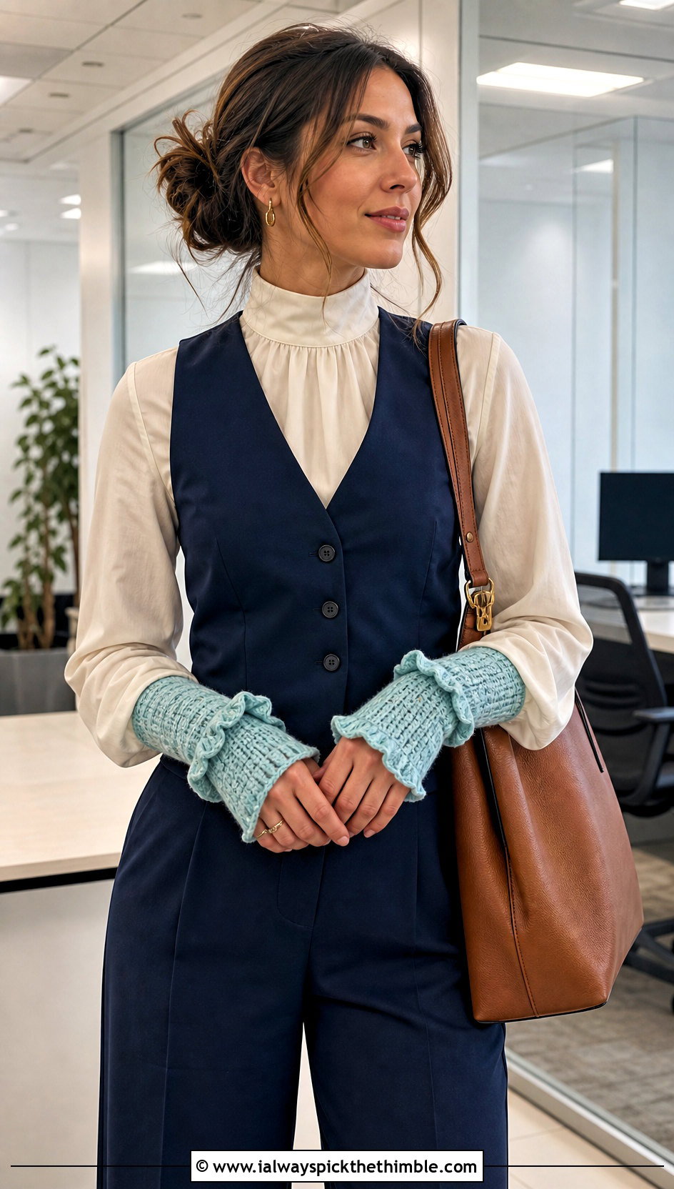Ruffled Cuff Fingerless Arm Warmers With Blouse And Trousers - 15 Crochet Fingerless Arm Warmers outfit ideas
