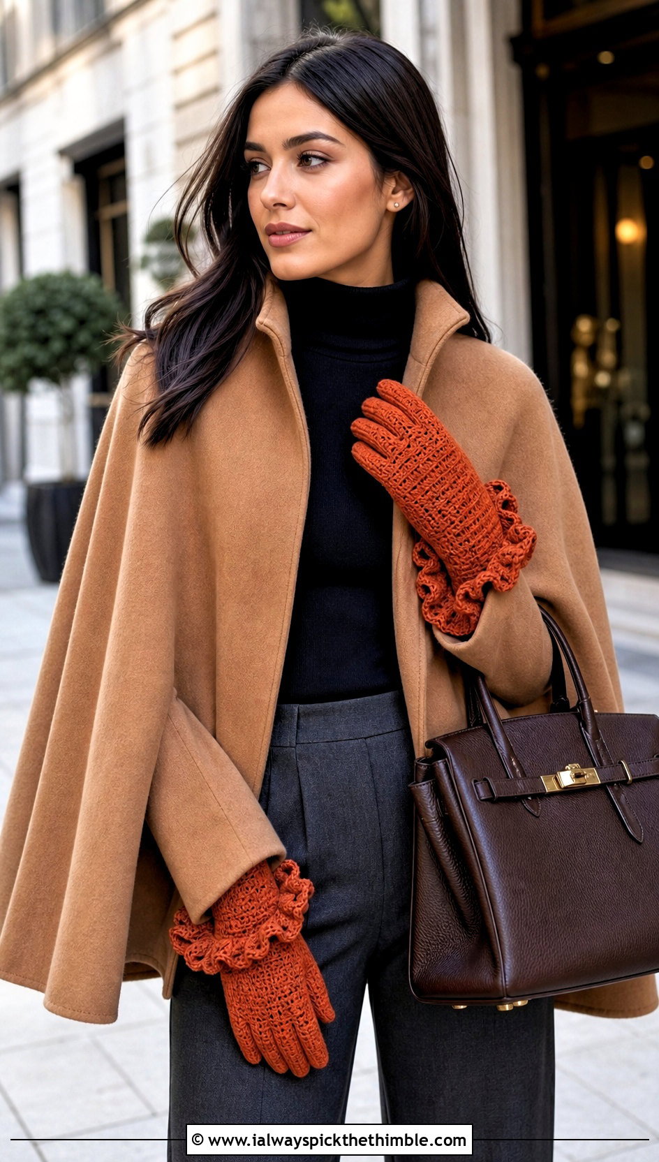 Ruffled Cuff Full Finger Crochet Gloves With Cape Coat - 25 crochet gloves fingers outfit ideas