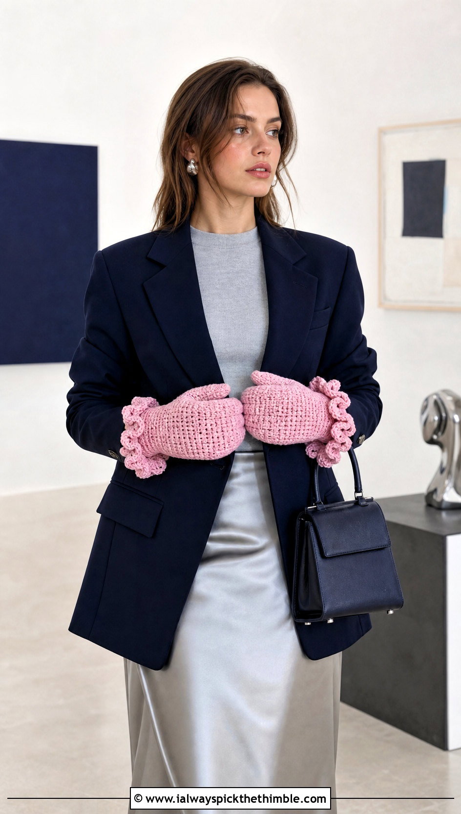 Ruffled Cuff Split Tabi Crochet Mittens With Blazer And Satin Skirt - 20 Tabi Crochet Mittens outfit ideas