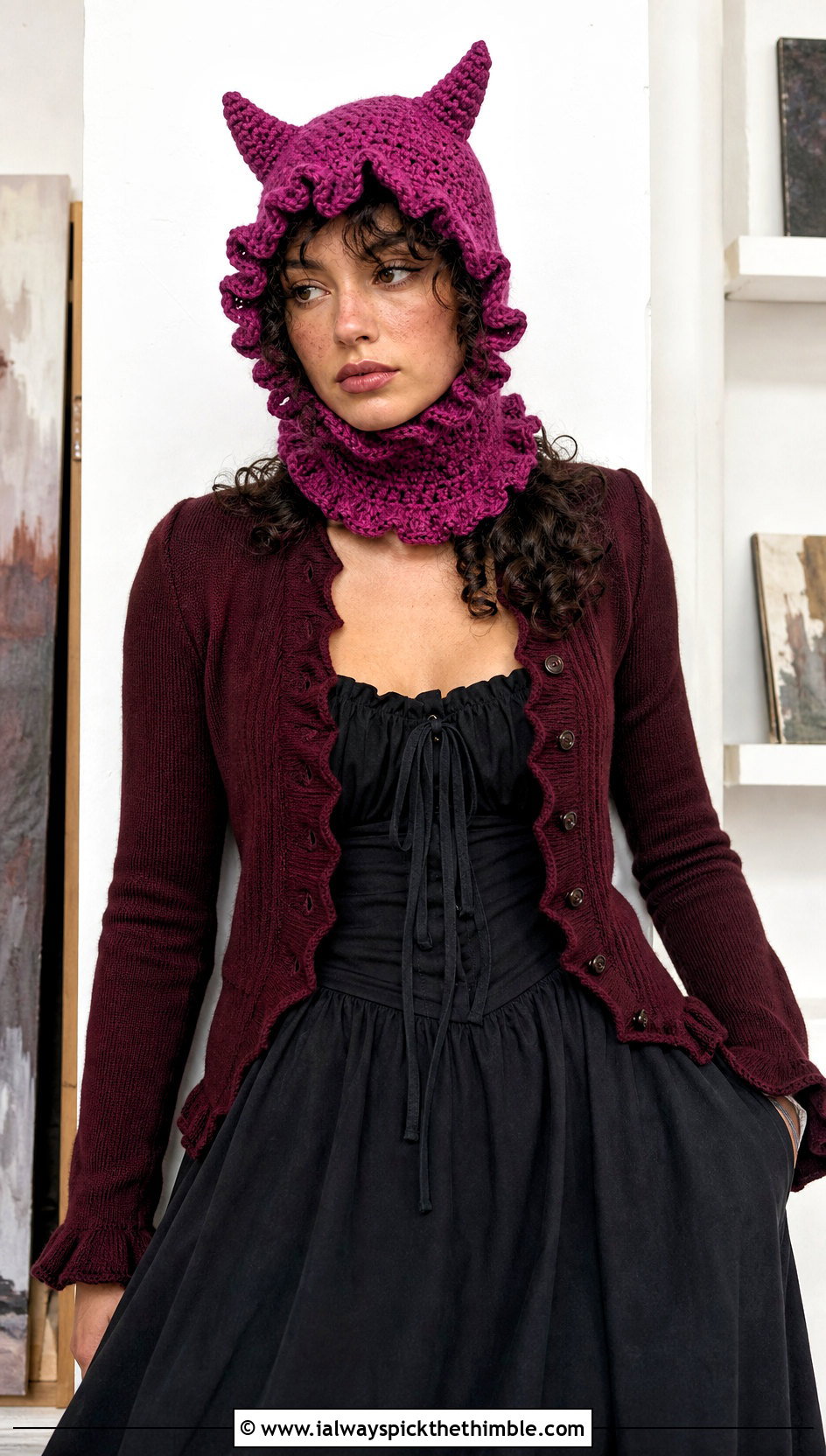 Ruffled Edge Crochet Devil Horn Balaclava With Prairie Dress - 20 crochet devil horn balaclava outfit ideas