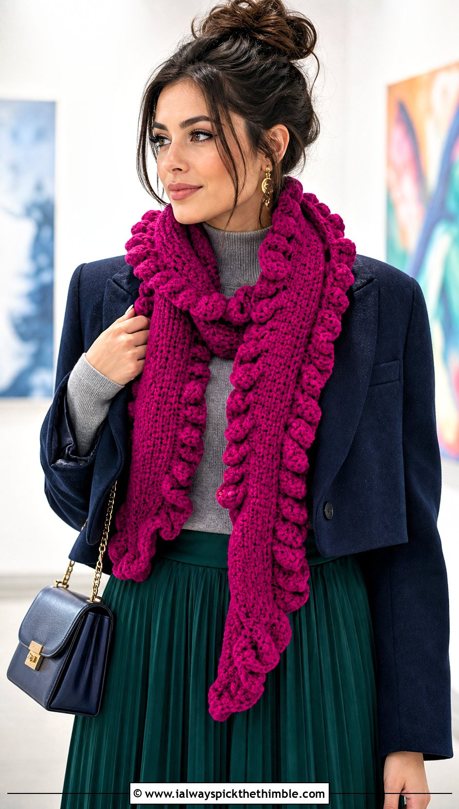 Ruffled Edge Thick Crochet Scarf With Pleated Skirt - 15 Thick Crochet Scarf outfit ideas