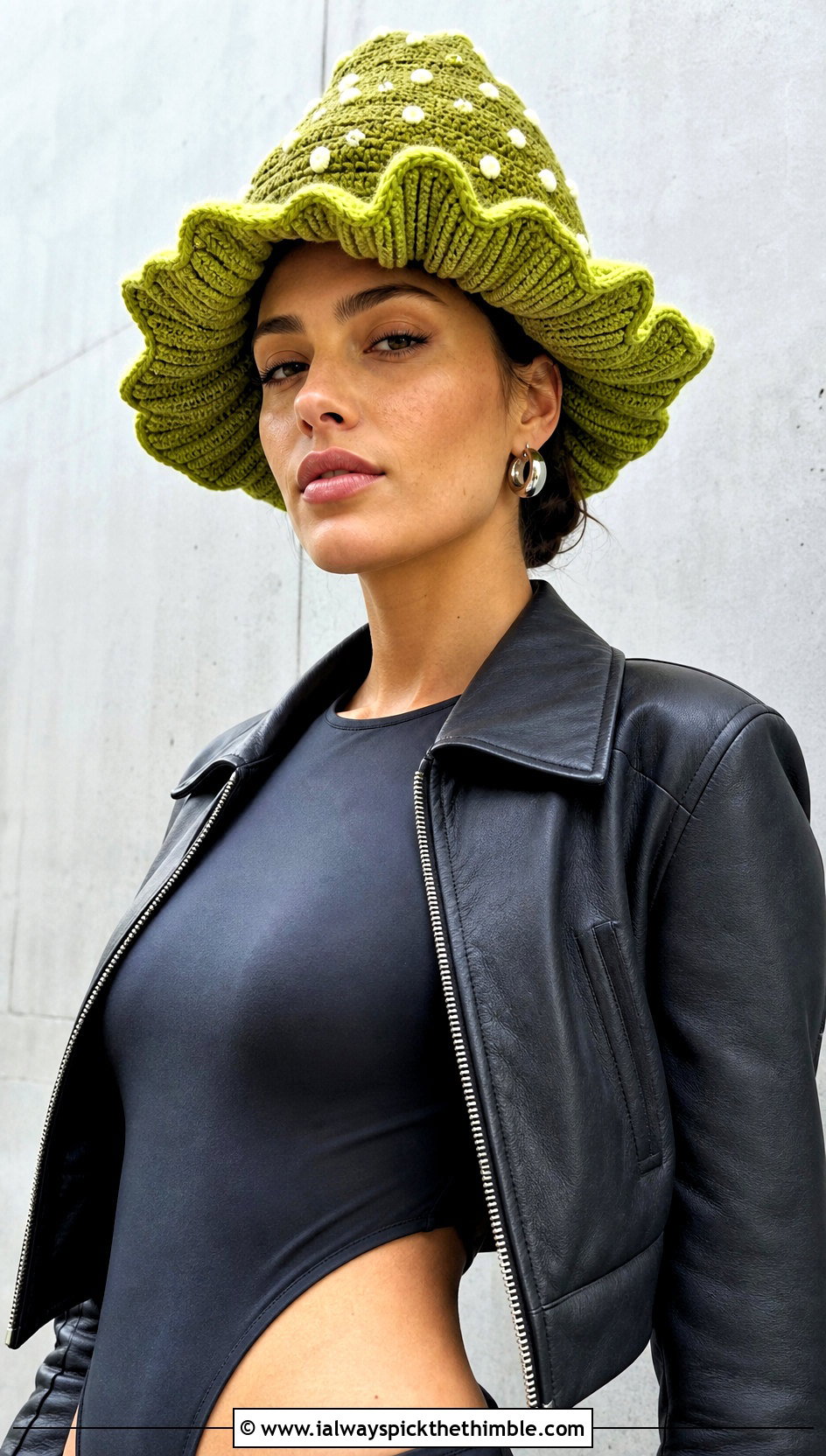 Ruffled Gill Mushroom Crochet Cap With Leather Jacket - 20 Mushroom Crochet Cap outfit ideas