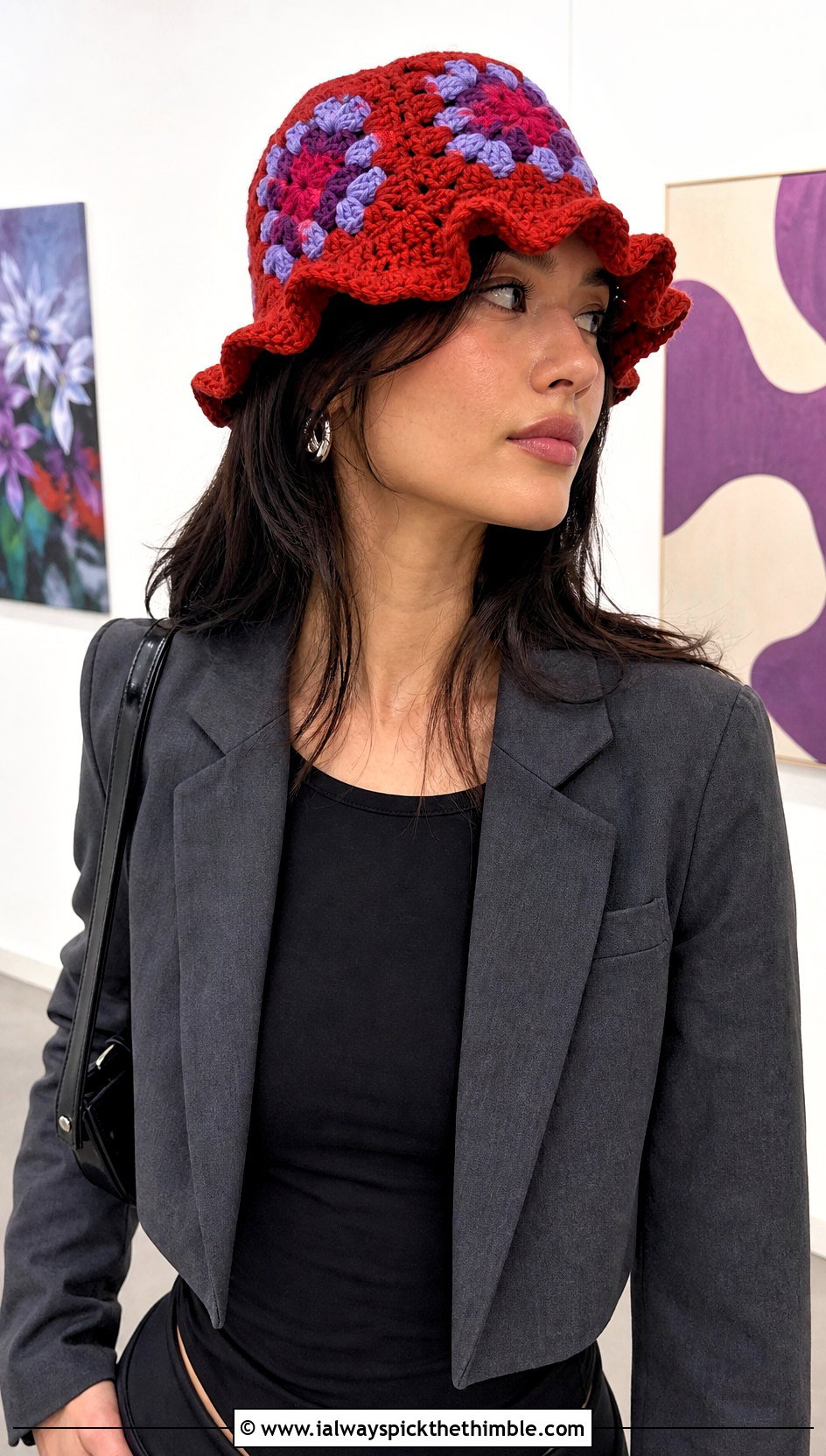 Ruffled Granny Square Bucket Hat With Leather Skirt - 25 granny square hats outfit ideas