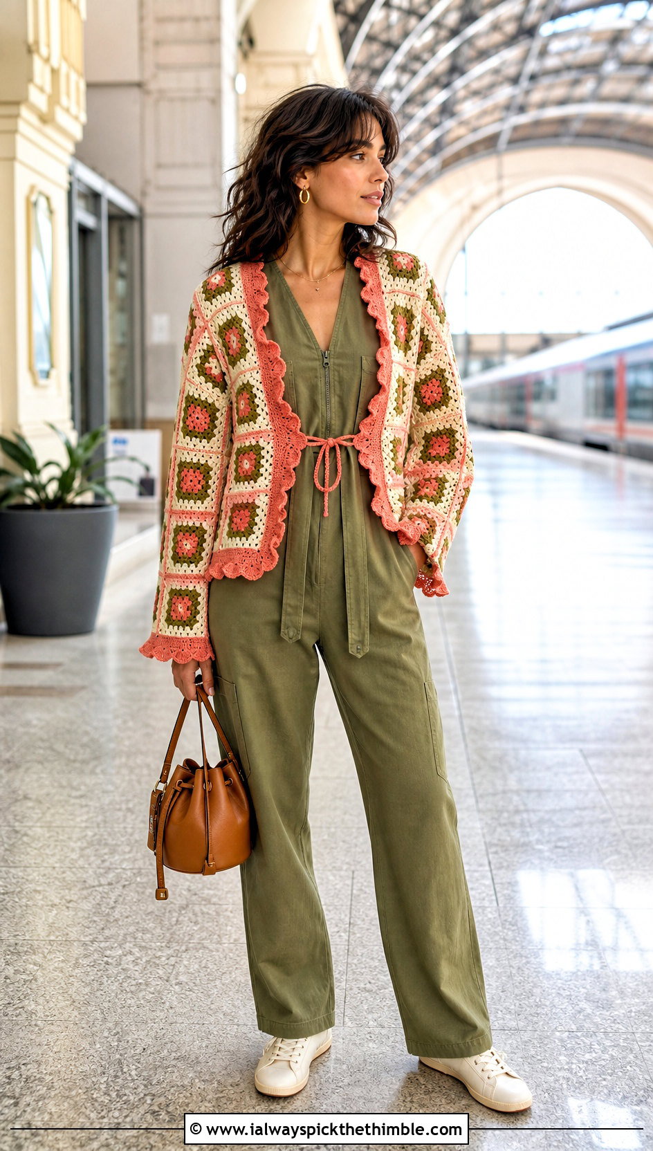 Ruffled Granny Square Tie Cardigan With Utility Jumpsuit - 20 Granny Square Tie Cardigan outfit ideas