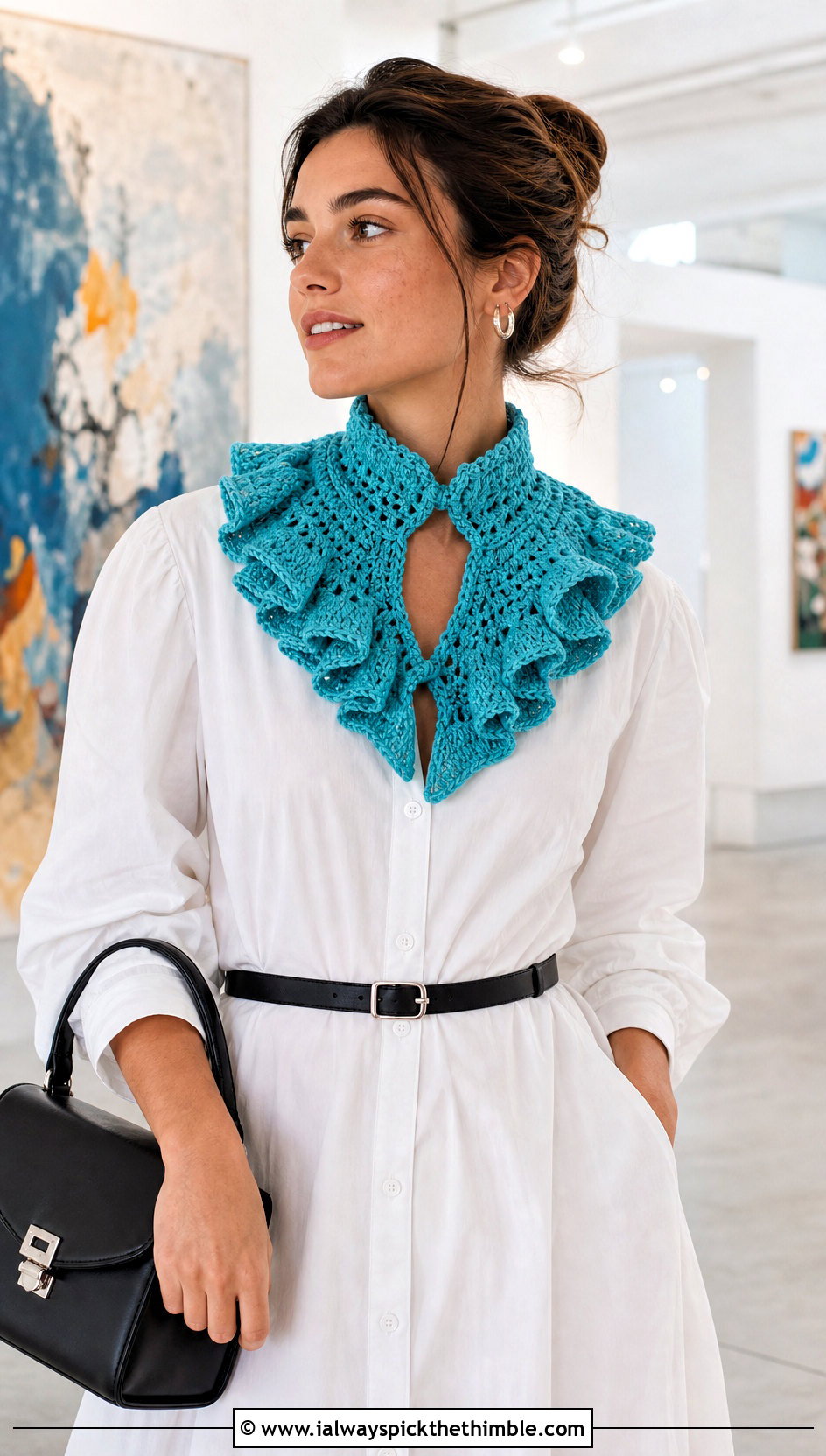 Ruffled Keyhole Scarf With Shirt Dress - 15 Crocheted Keyhole Scarf outfit ideas