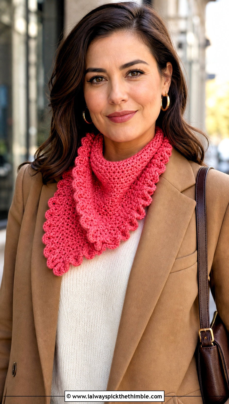 Ruffled Lemon Peel Stitch Scarf With Blazer And Jeans - 20 Crochet Lemon Peel Stitch Scarf outfit ideas