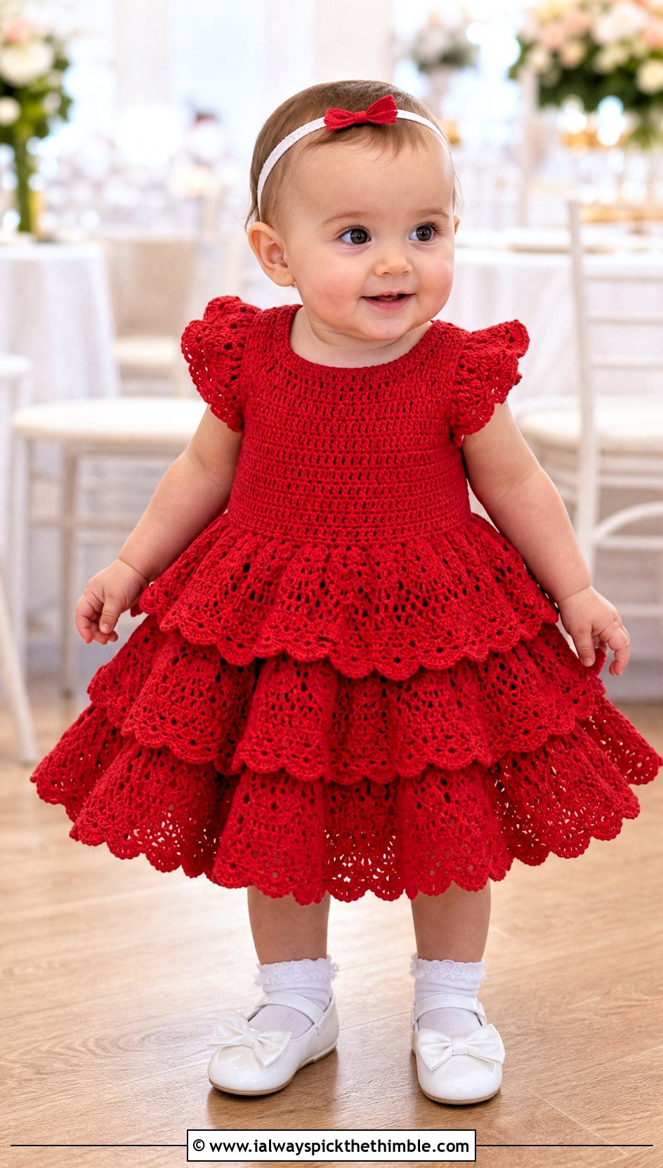 Ruffled Skirt Crochet Baptism Gown With Satin Bow Shoes - 15 Crochet Baptism Gown outfit ideas