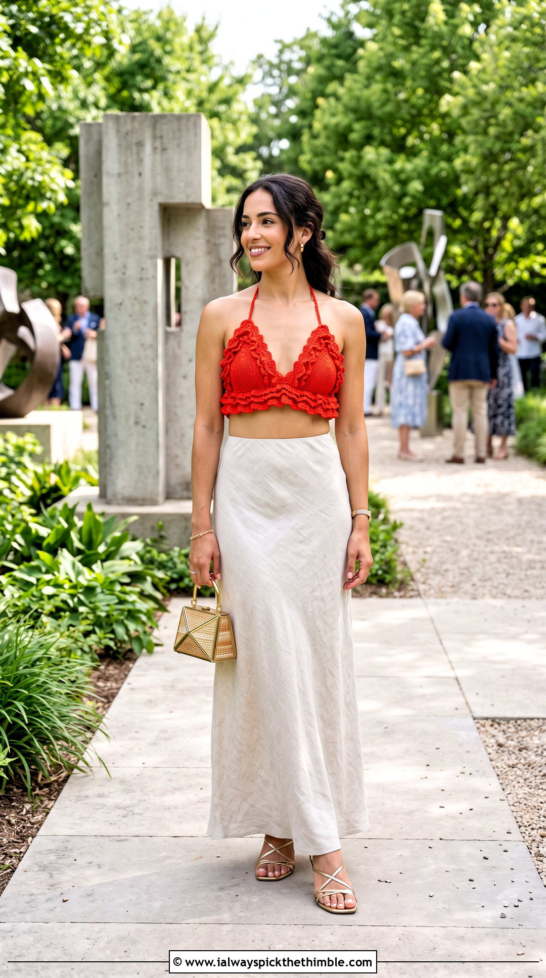 Ruffled Triangle Crochet Top With Column Maxi Skirt - 25 crochet triangle top outfit ideas