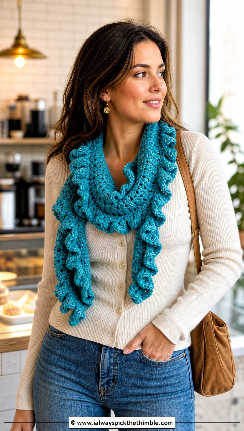Ruffled Velvet Crochet Scarf With Cardigan And Jeans - 20 Velvet Crochet Scarf outfit ideas