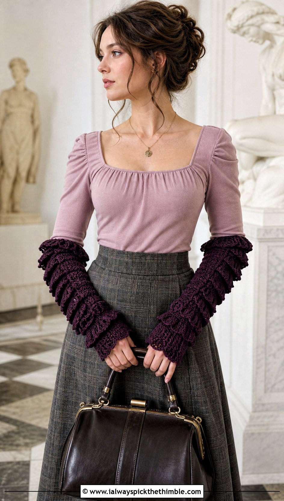 Ruffled Victorian Crochet Arm Warmers With Midi Skirt - 15 crochet arm warmers vintage-styled outfit ideas