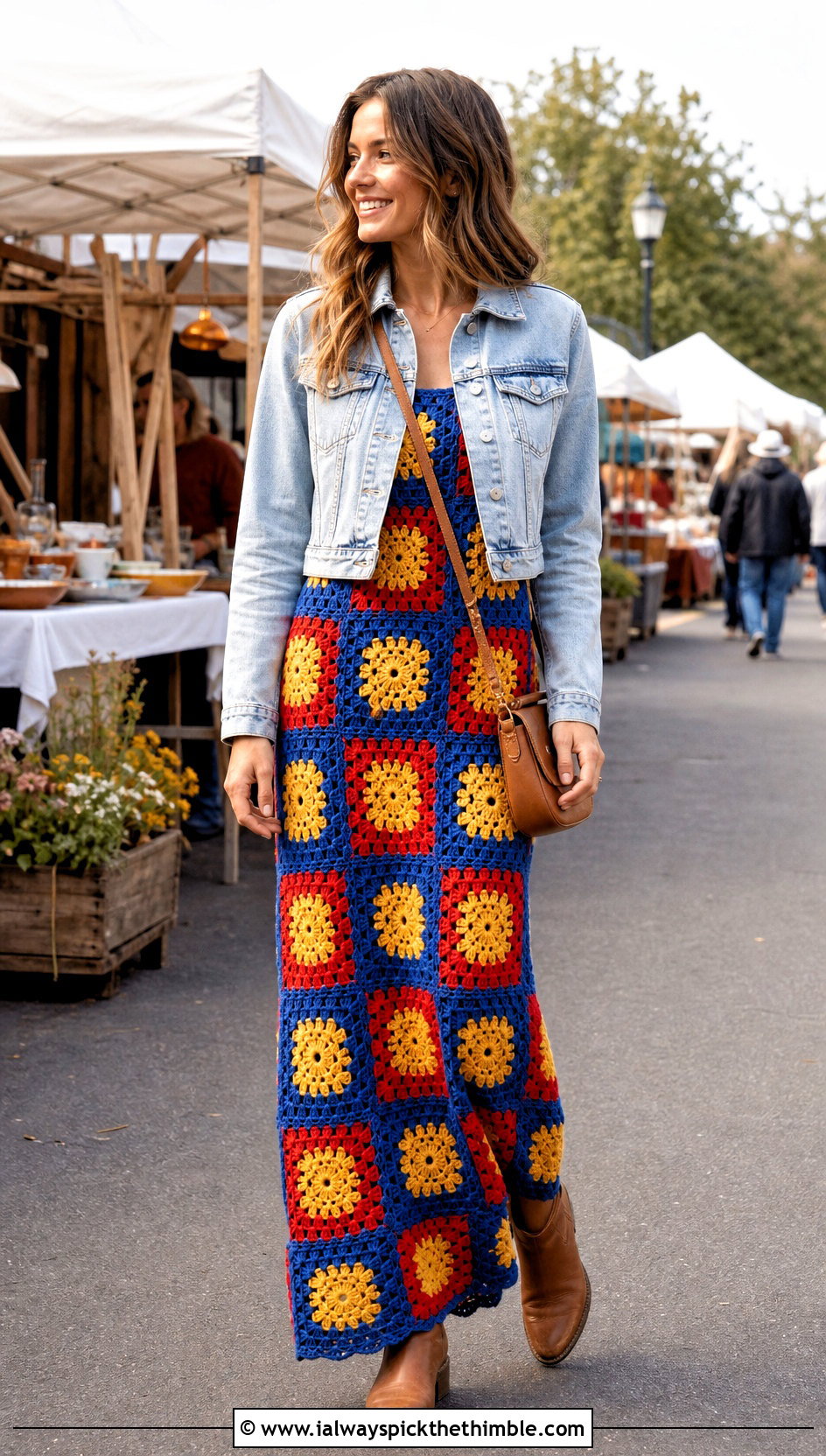 Rustic Granny Square Crochet Maxi Dress With Denim Jacket - 15 Rustic Crochet Dress Design outfit ideas