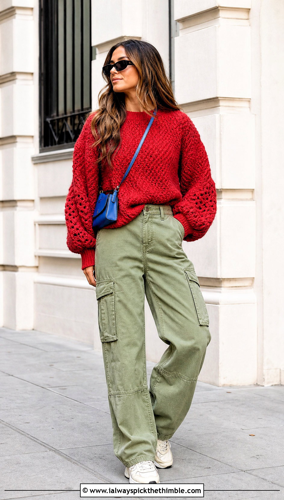 Rustic Red Balloon Sleeve Crochet Sweater With Cargo Pants - 15 rustic red crochet sweater outfit ideas