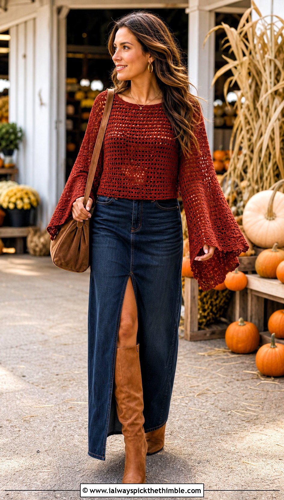 Rustic Red Bell Sleeve Crochet Top With Denim Maxi Skirt - 15 rustic red crochet top outfit ideas
