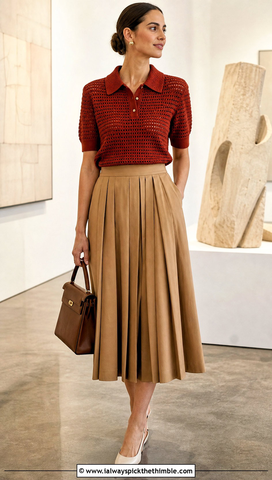 Rustic Red Crochet Polo Top With Pleated Midi Skirt - 15 rustic red crochet top outfit ideas