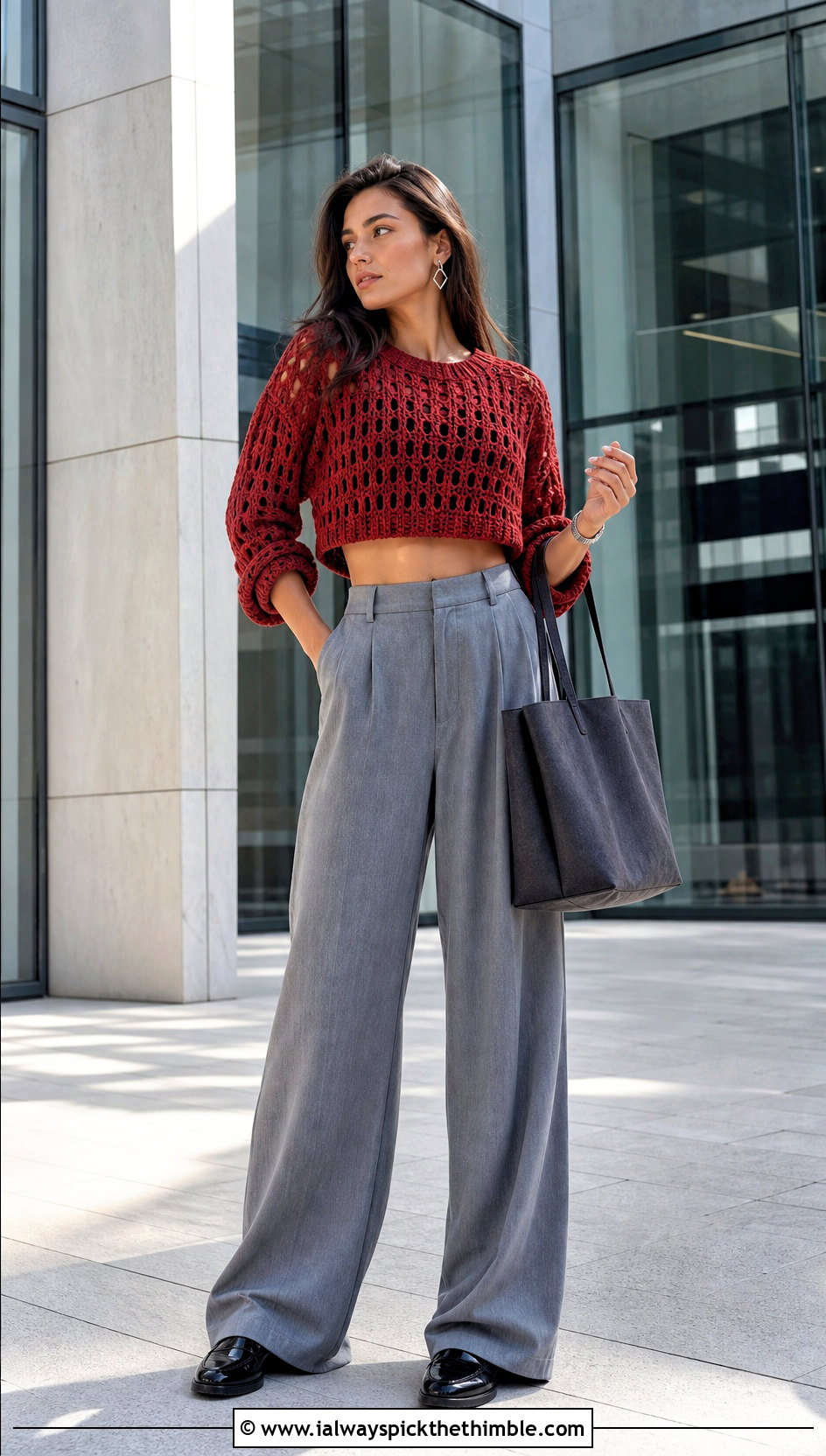 Rustic Red Cropped Crochet Sweater With Wide Leg Trousers - 15 rustic red crochet sweater outfit ideas