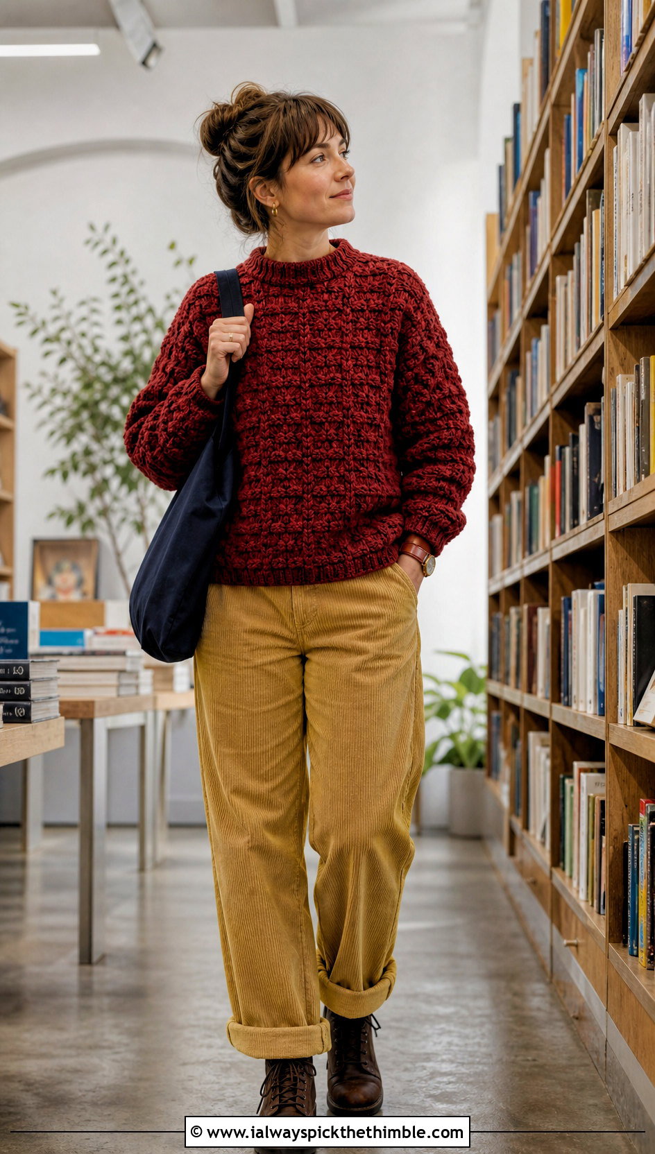 Rustic Red Fisherman Crochet Sweater With Corduroy Pants - 15 rustic red crochet sweater outfit ideas