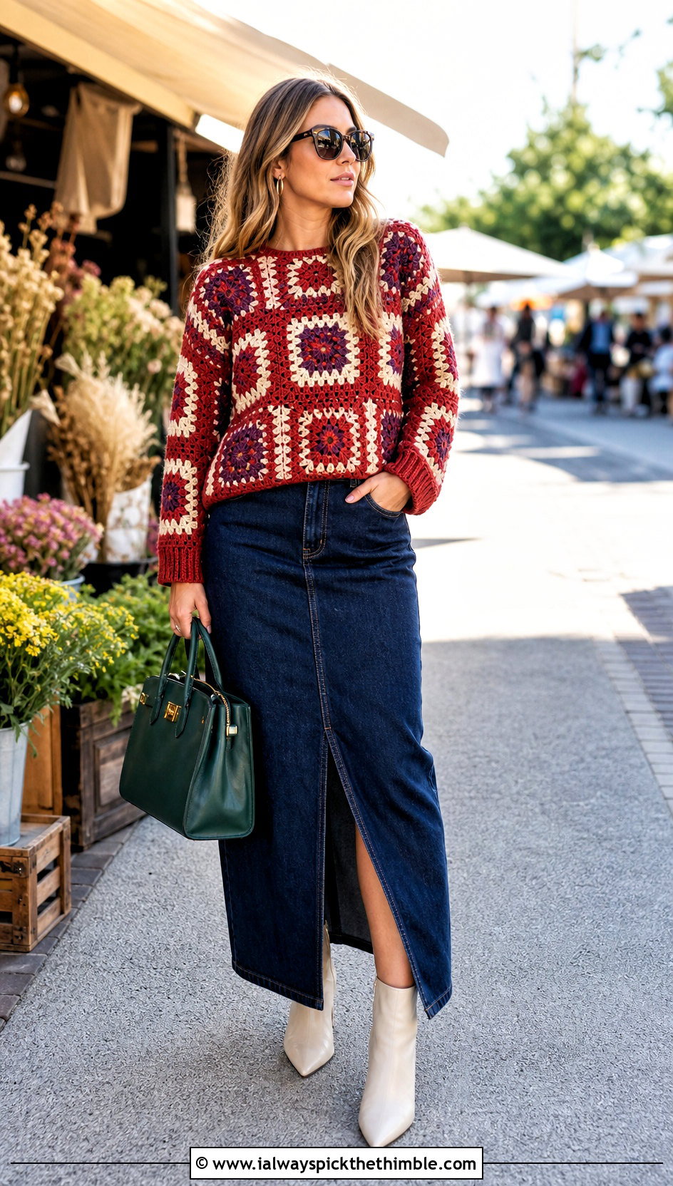 Rustic Red Granny Square Crochet Sweater With Denim Maxi Skirt - 15 rustic red crochet sweater outfit ideas