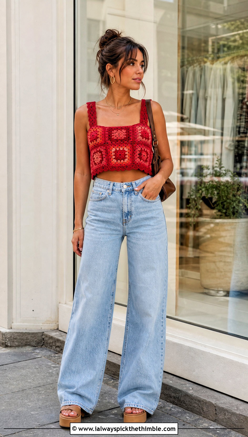 Rustic Red Granny Square Crop Top With Wide Leg Jeans - 15 rustic red crochet top outfit ideas