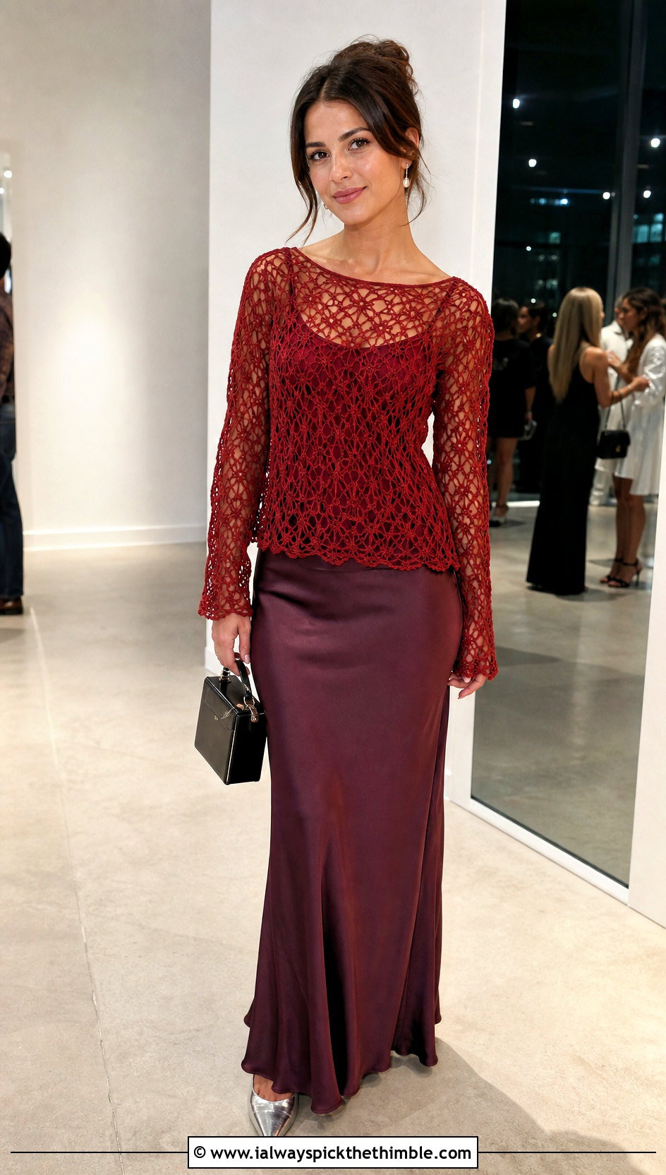Rustic Red Lace Stitch Crochet Sweater With Satin Maxi Skirt - 15 rustic red crochet sweater outfit ideas