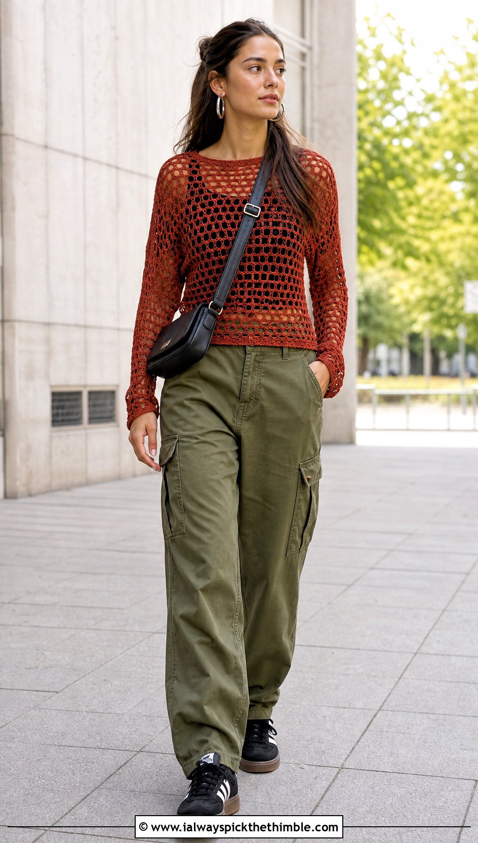 Rustic Red Mesh Crochet Top With Cargo Pants - 15 rustic red crochet top outfit ideas