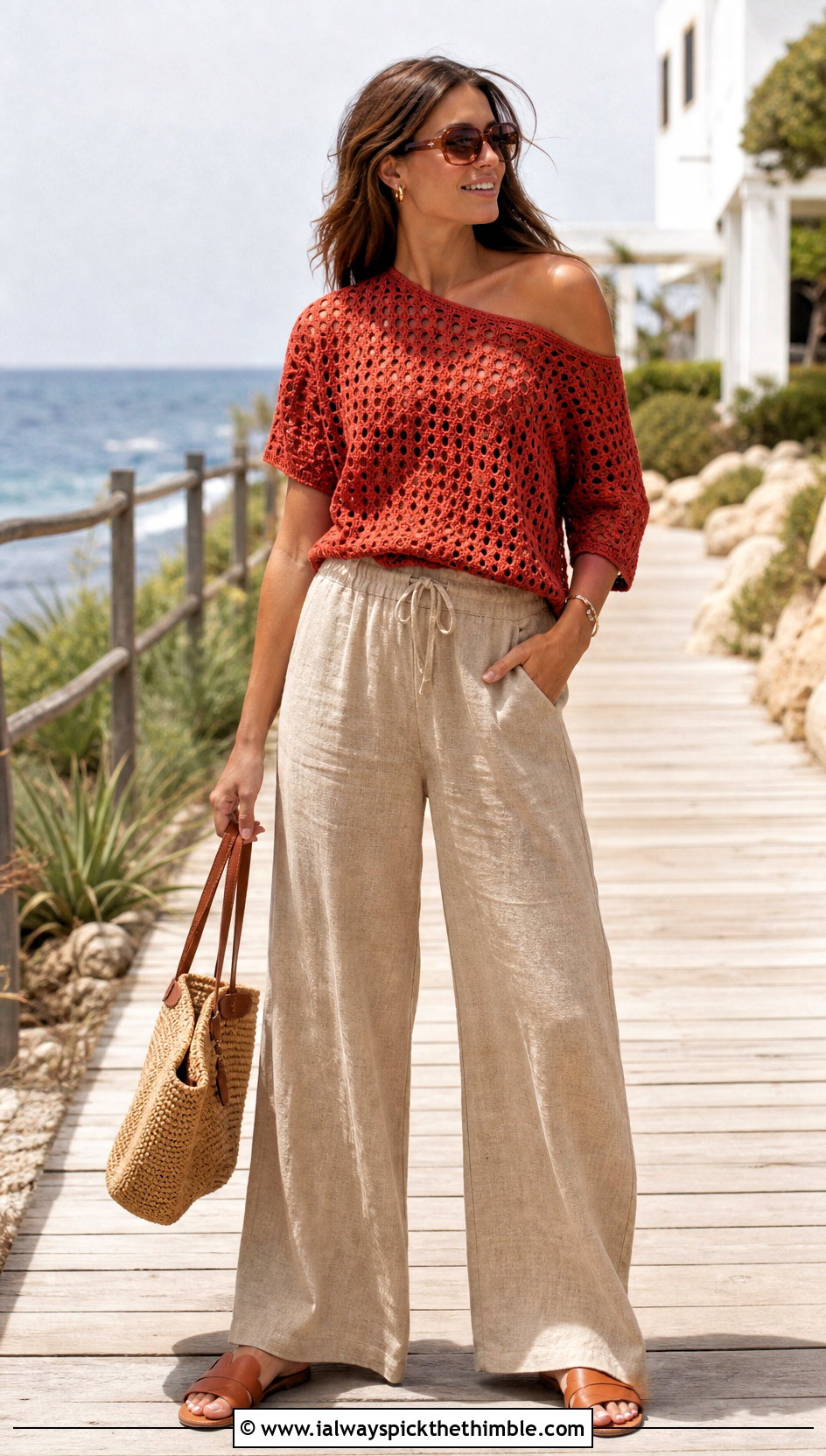 Rustic Red Off Shoulder Crochet Top With Linen Pants - 15 rustic red crochet top outfit ideas