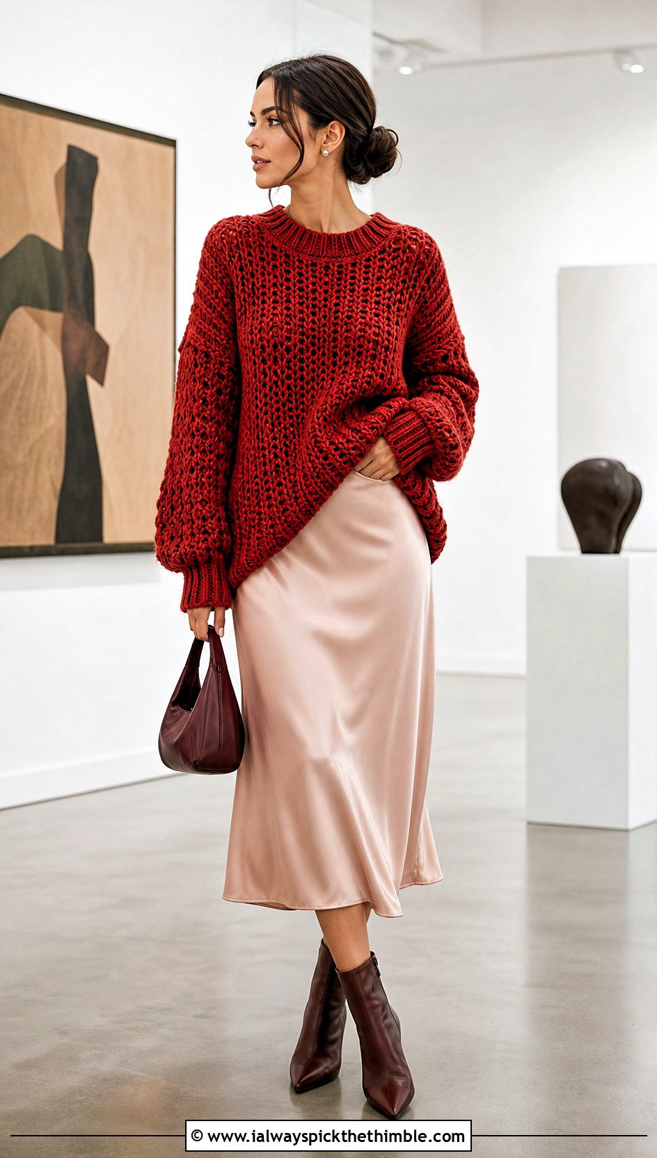 Rustic Red Oversized Crochet Sweater With Satin Midi Skirt - 15 rustic red crochet sweater outfit ideas
