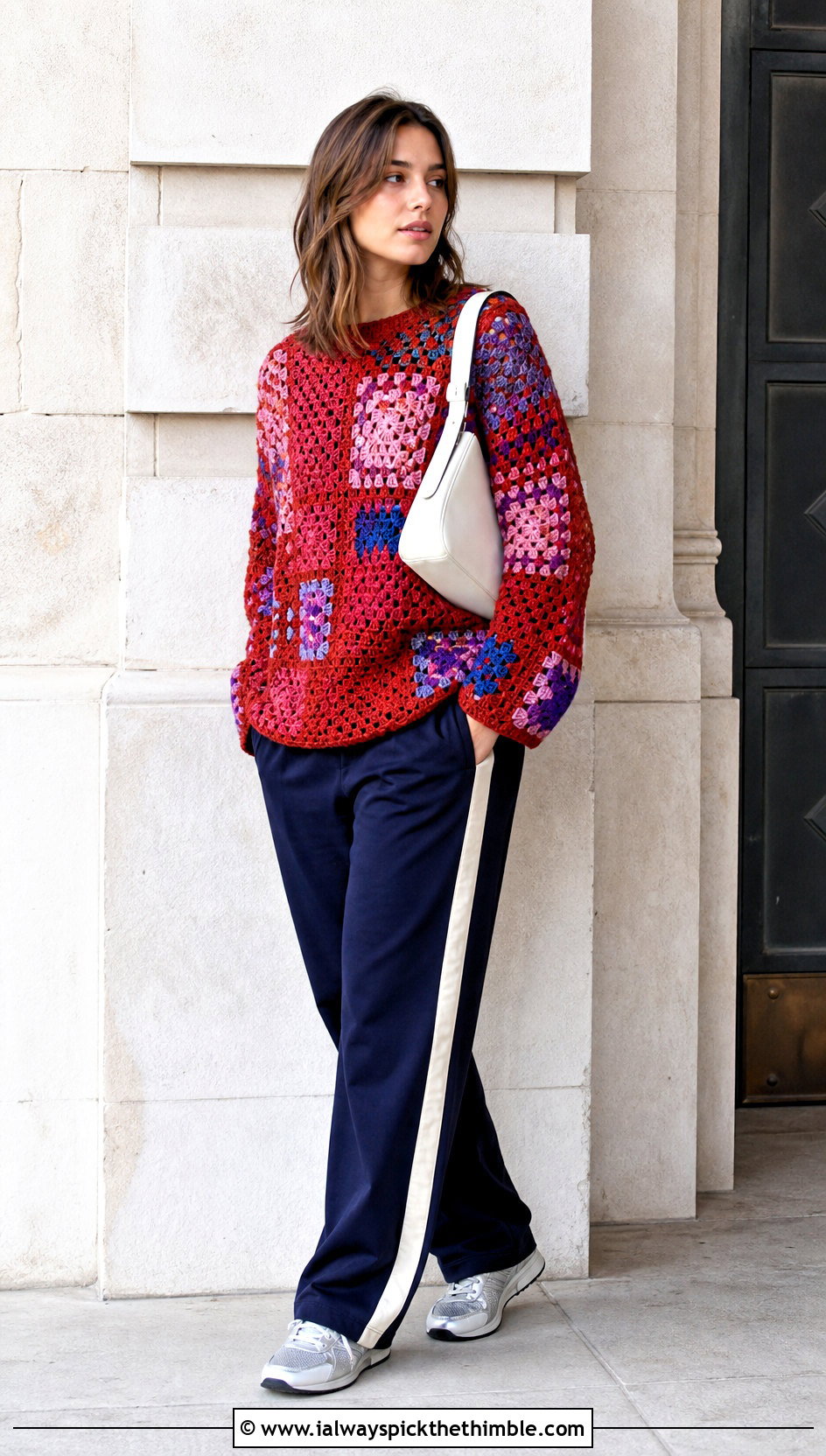 Rustic Red Patchwork Crochet Sweater With Track Pants - 15 rustic red crochet sweater outfit ideas