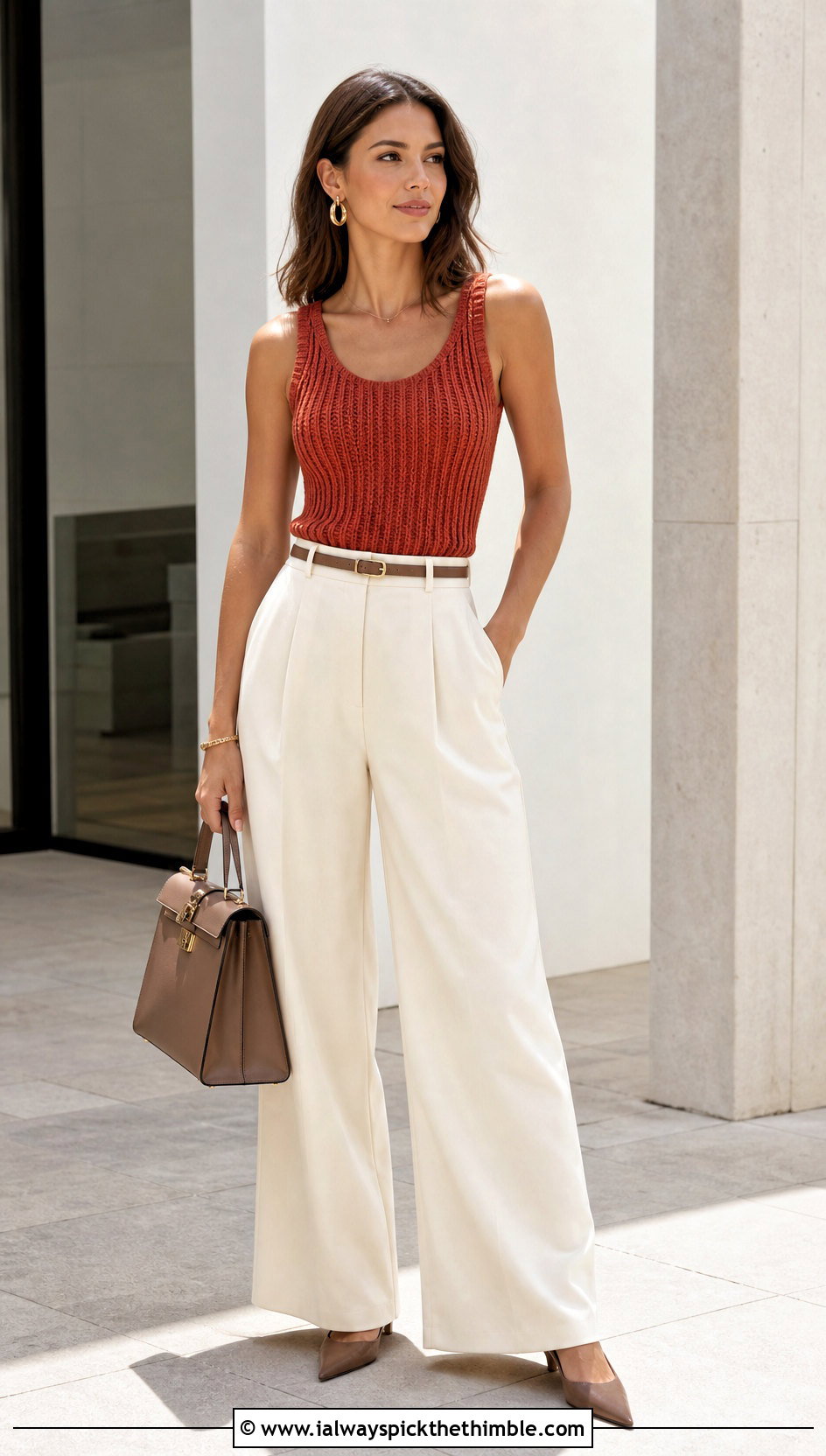 Rustic Red Ribbed Crochet Tank With Tailored Trousers - 15 rustic red crochet top outfit ideas