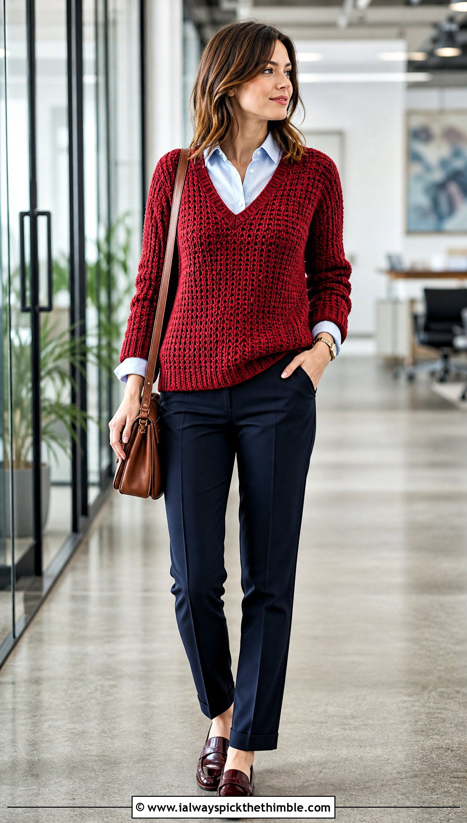 Rustic Red V Neck Crochet Sweater With Button Down And Trousers - 15 rustic red crochet sweater outfit ideas