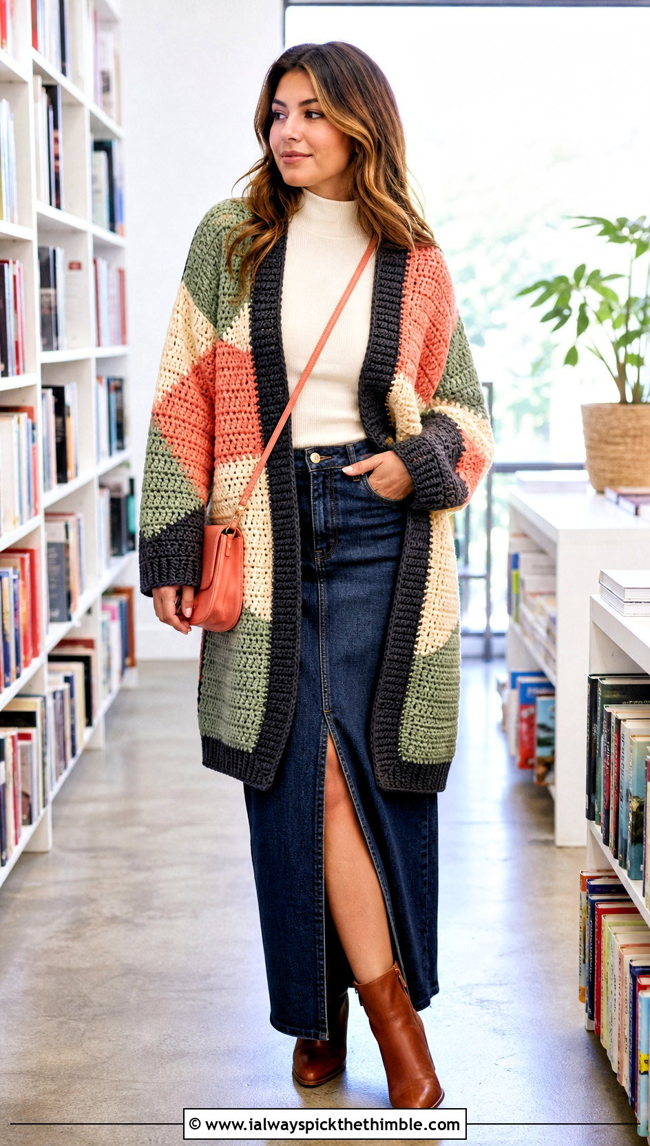 Sabito Color Block Crochet Cardigan With Denim Maxi Skirt - 25 Demon Slayer Crochet Cardigan outfit ideas