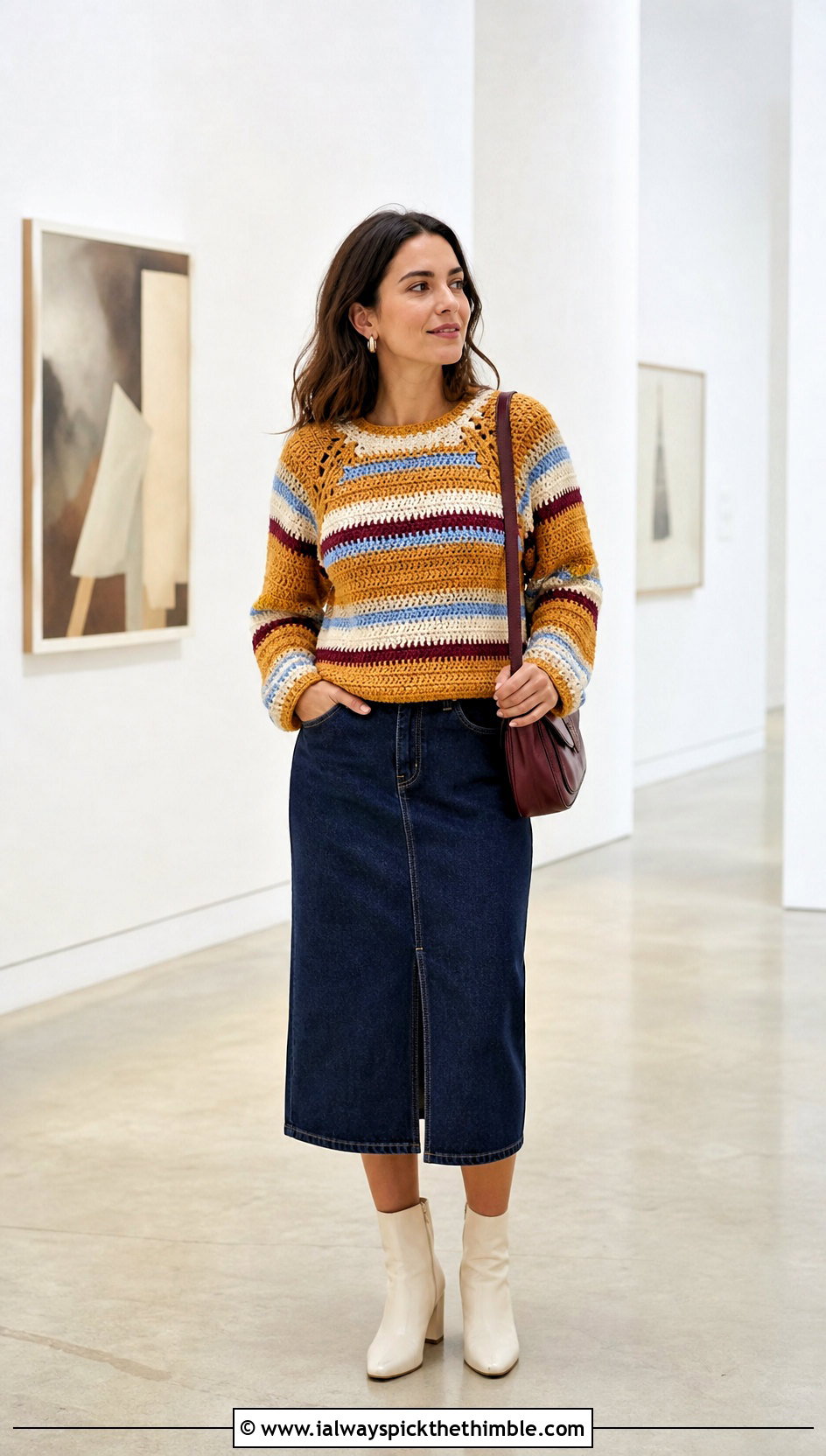 Saffron Yellow Striped Crochet Sweater With Denim Skirt - 20 Crochet Yellow Sweater outfit ideas