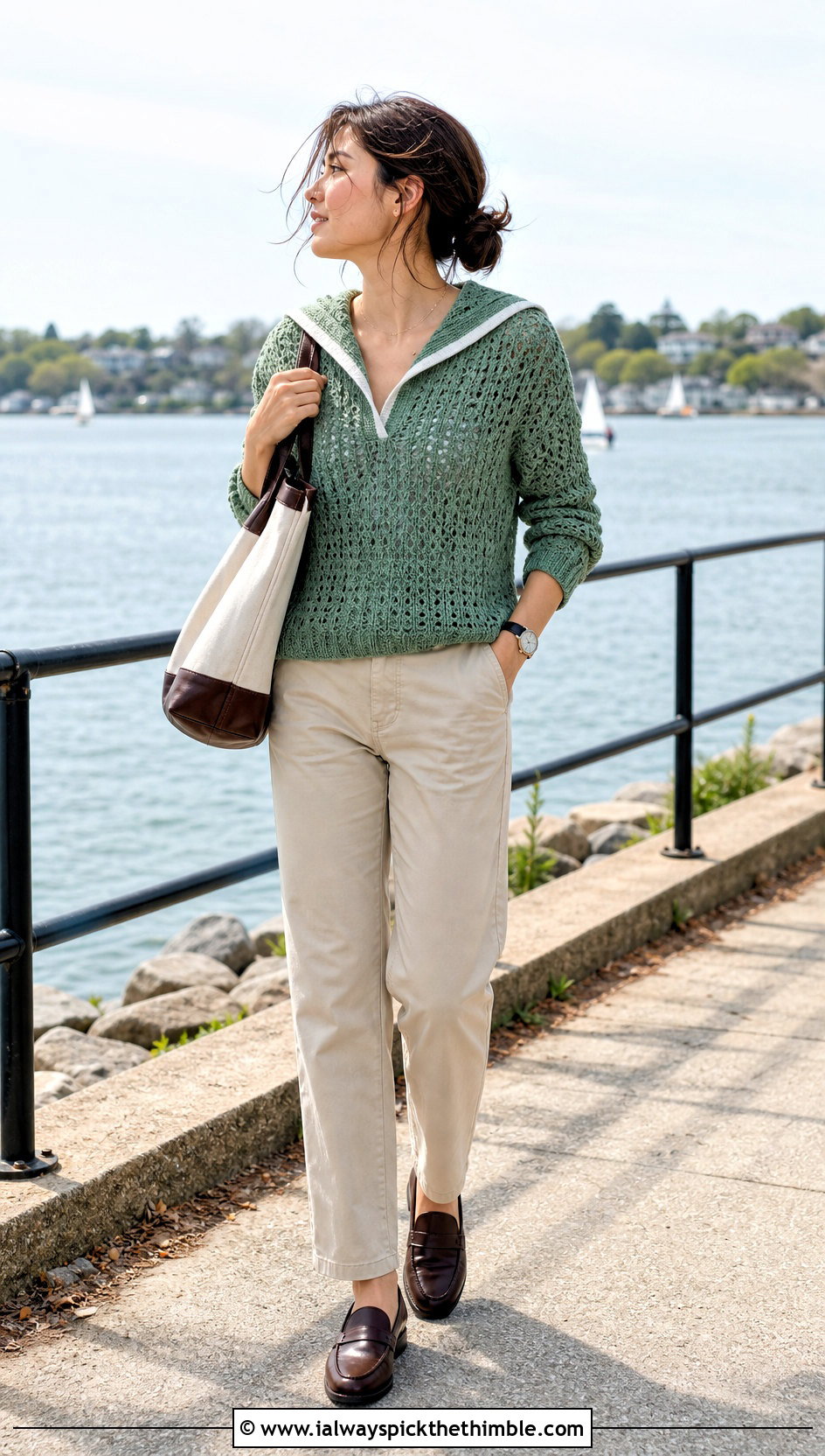 Sailor Collar Crochet Sweater With Chino Pants - 20 vintage crochet clothes and outfit ideas