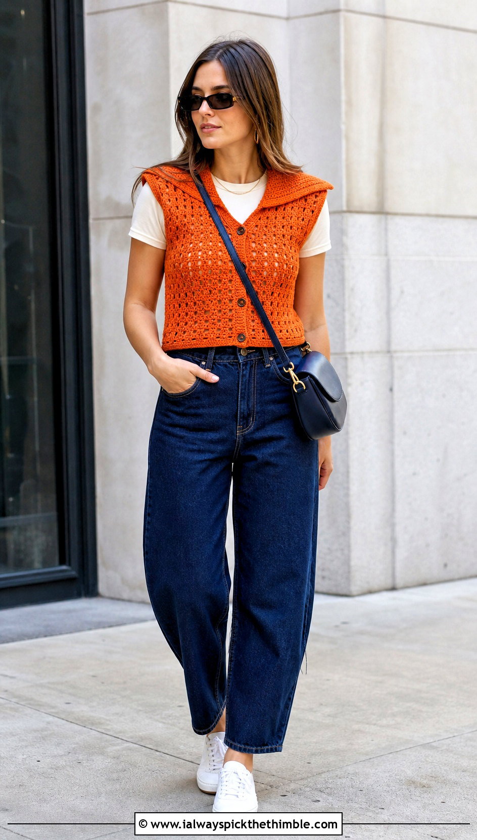Sailor Collar Crochet Vest With Barrel Jeans - 20 crochet vest with collar outfit ideas