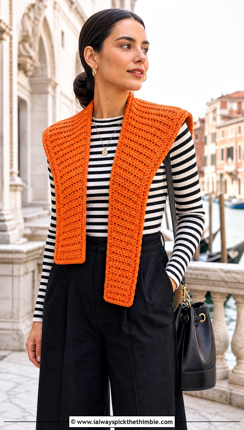 Sailor Crochet Collar With Striped Knit And Wide Leg Pants - 15 Vintage Crochet Collar Design outfit ideas