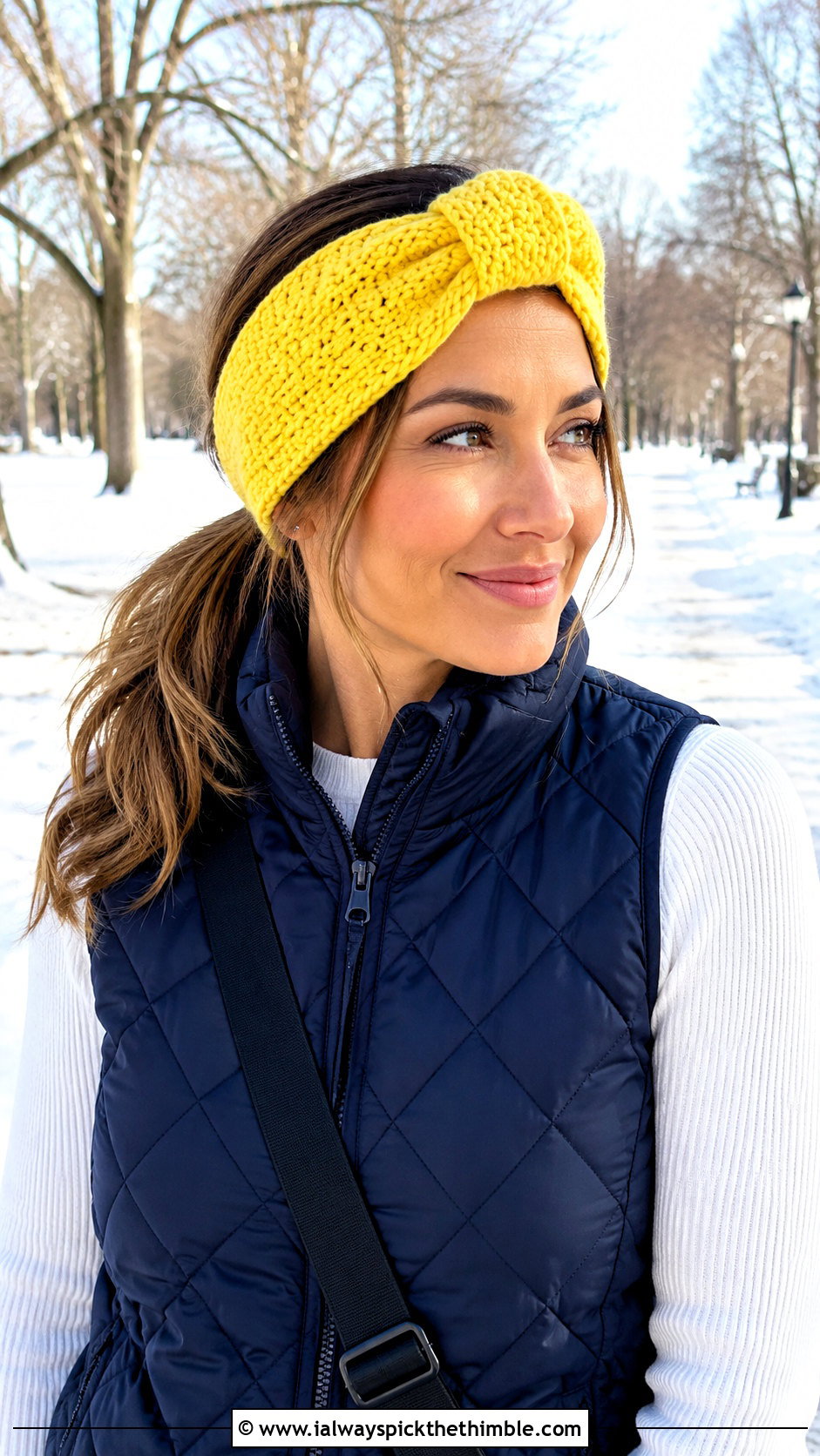Sailor Knot Crochet Headband With Quilted Vest - 25 crochet winter headband outfit ideas
