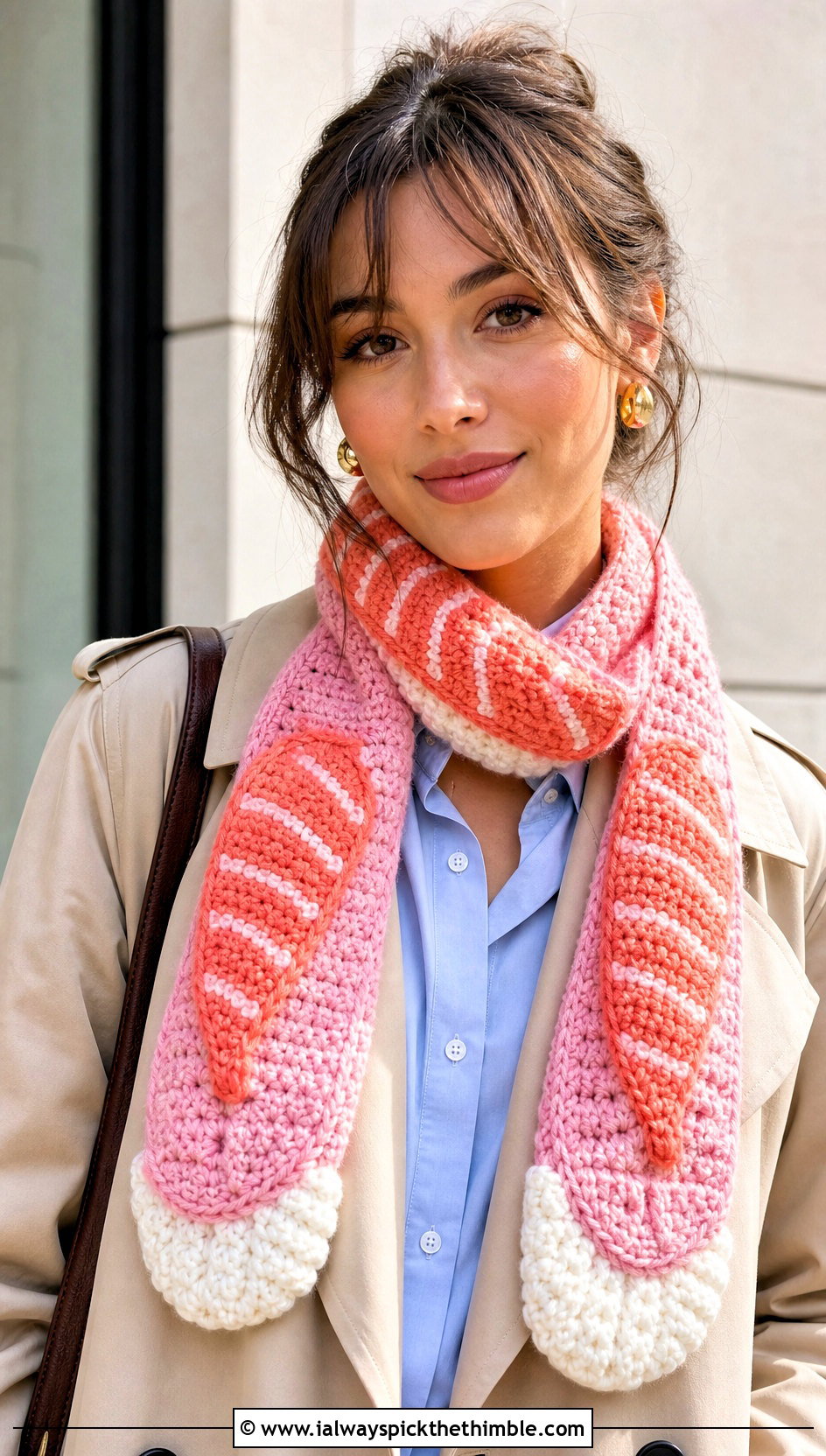 Salmon Nigiri Crochet Sushi Scarf With Trench Coat - 20 crochet sushi scarf outfit ideas