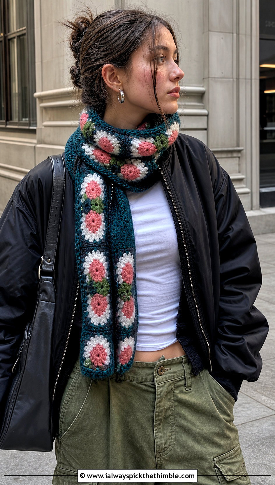 Salmon Sushi Roll Up Scarf With Bomber Jacket And Cargo Pants - 20 Crochet Roll Up Scarf outfit ideas
