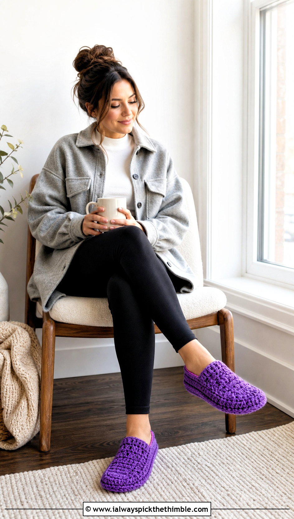 Saloniki Rectangle Crochet Slippers With Leggings And Shacket - 15 Crochet Slipper From Rectangle outfit ideas