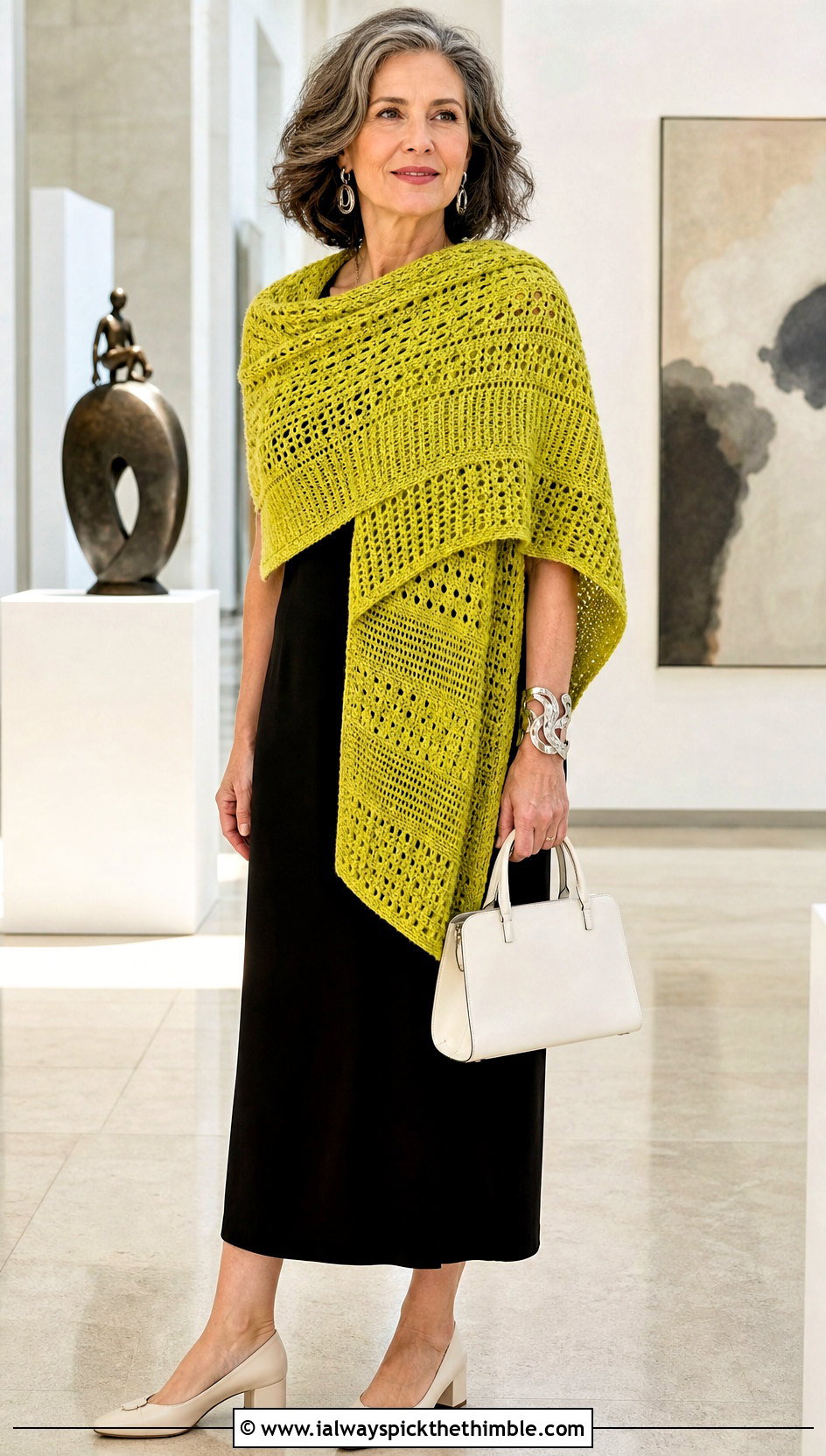 Sampler Stitch Sideways Crochet Shawl With Column Dress - 20 Sideways Crochet Shawl outfit ideas