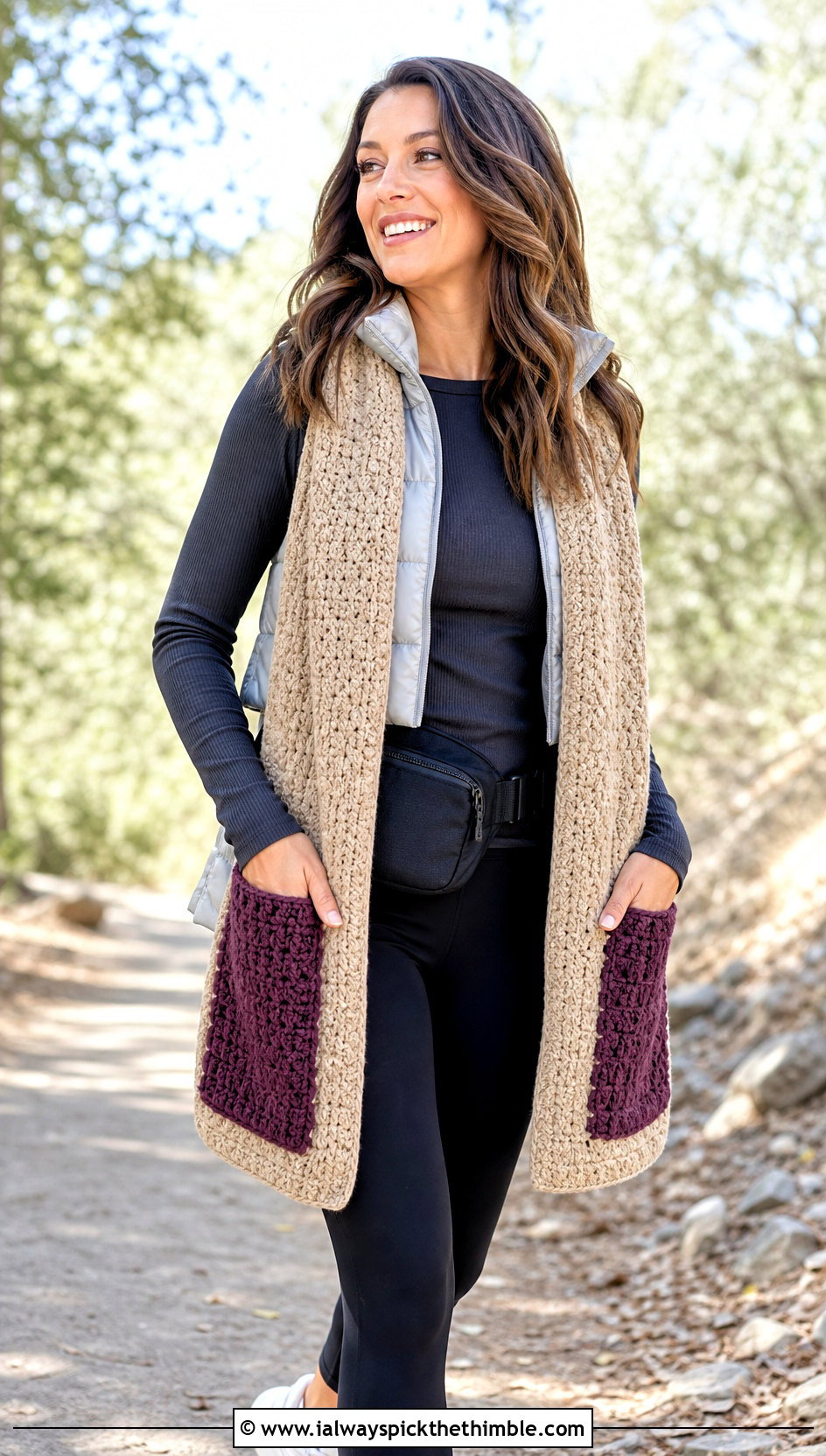 Sand Pocket Crochet Scarf With Leggings And Puffer Vest - 15 neutral tone crochet scarf outfit ideas
