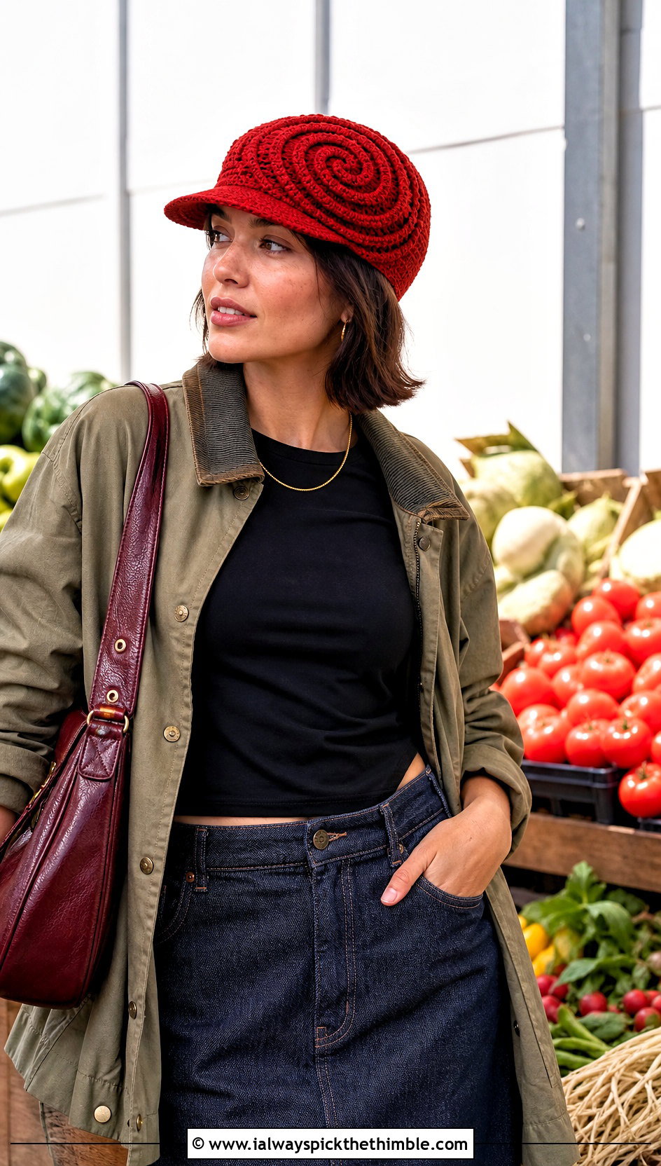 Sanemi Swirl Newsboy Cap With Utility Jacket and Denim Skirt - 20 Demon Slayer Crochet Hat outfit ideas