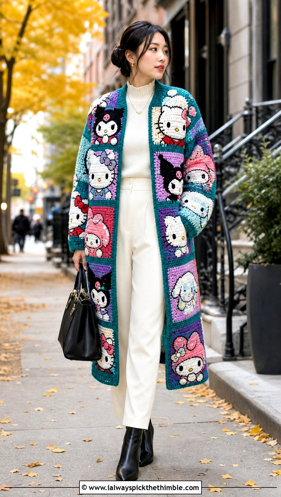 Sanrio Patchwork Crochet Coat With Monochrome Basics - 20 Sanrio Crochet Clothes and outfit ideas