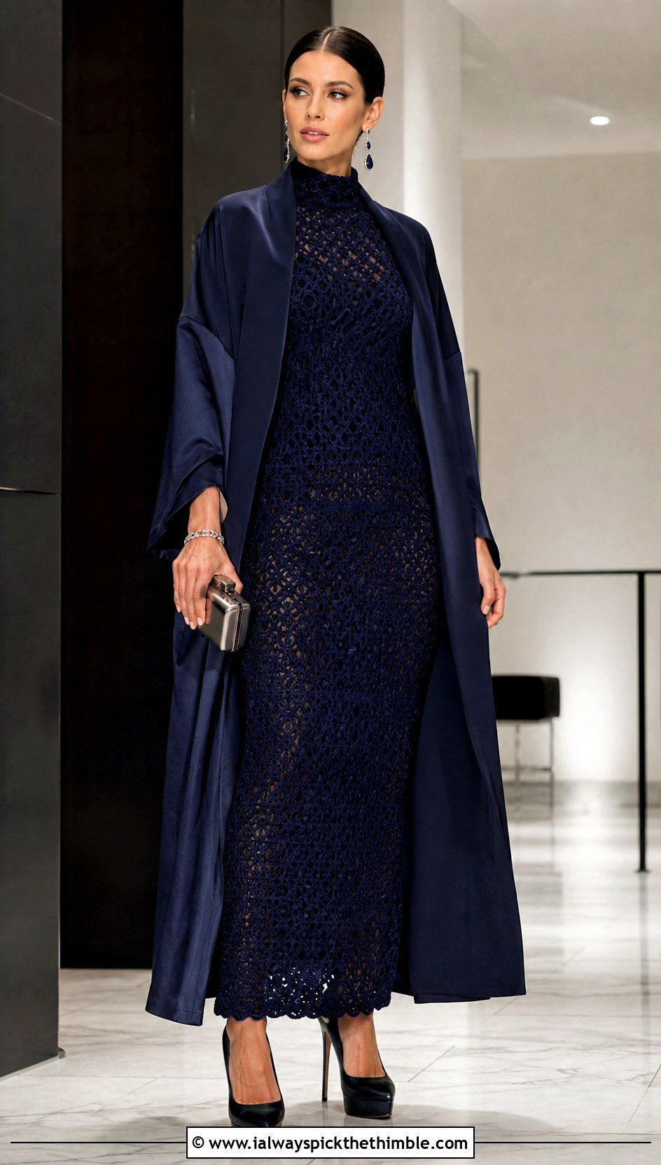 Sapphire High Neck Crochet Column Dress With Satin Coat - 15 goth crochet dress outfit ideas
