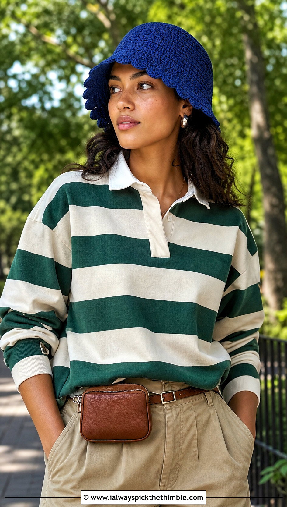 Sapphire Scalloped Crochet Bucket Hat With Rugby Shirt And Bermuda Shorts - 25 Blue Crochet Hat outfit ideas