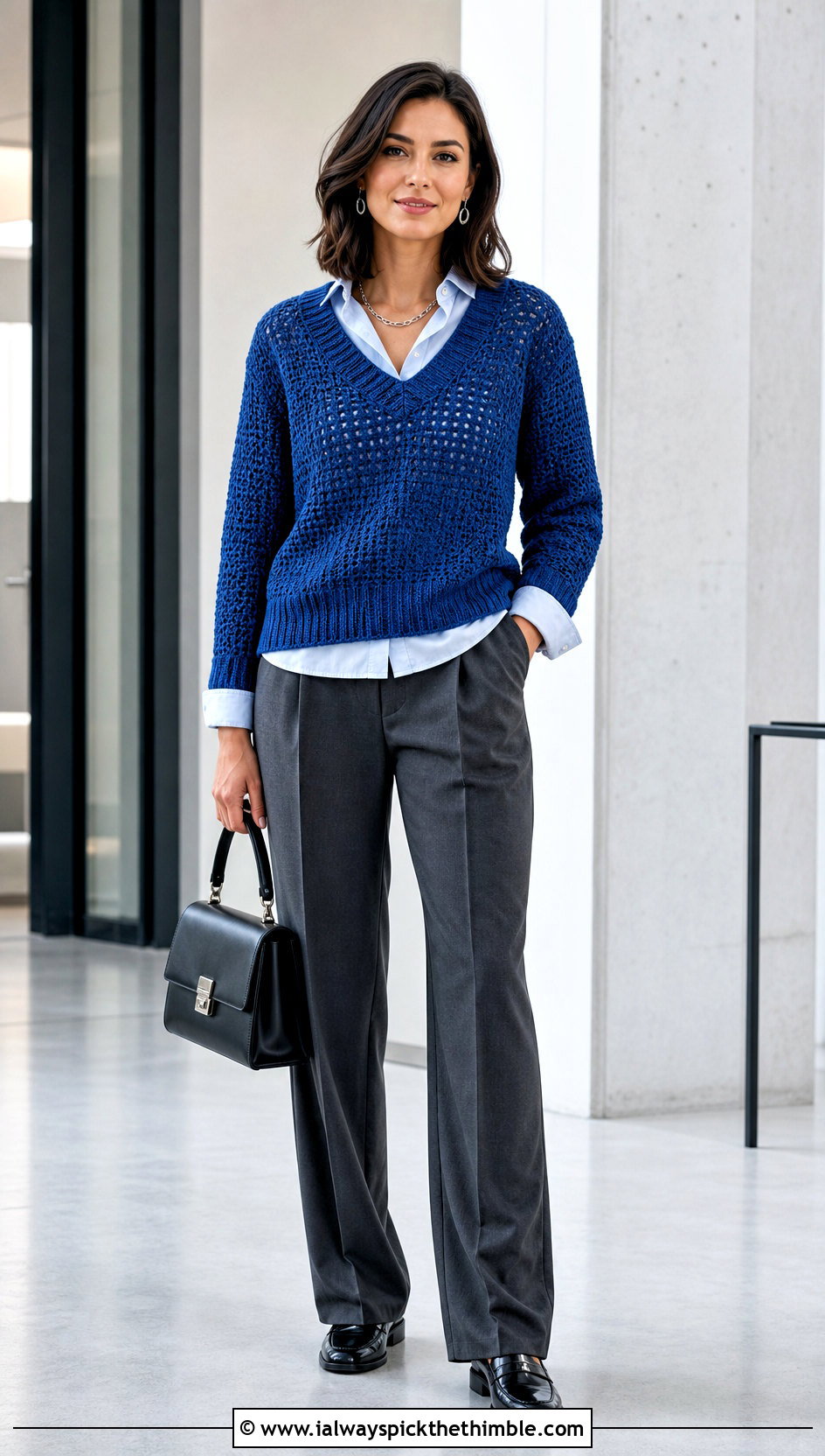 Sapphire V Neck Crochet Sweater With Button Down Shirt - 25 blue crochet sweater outfit ideas