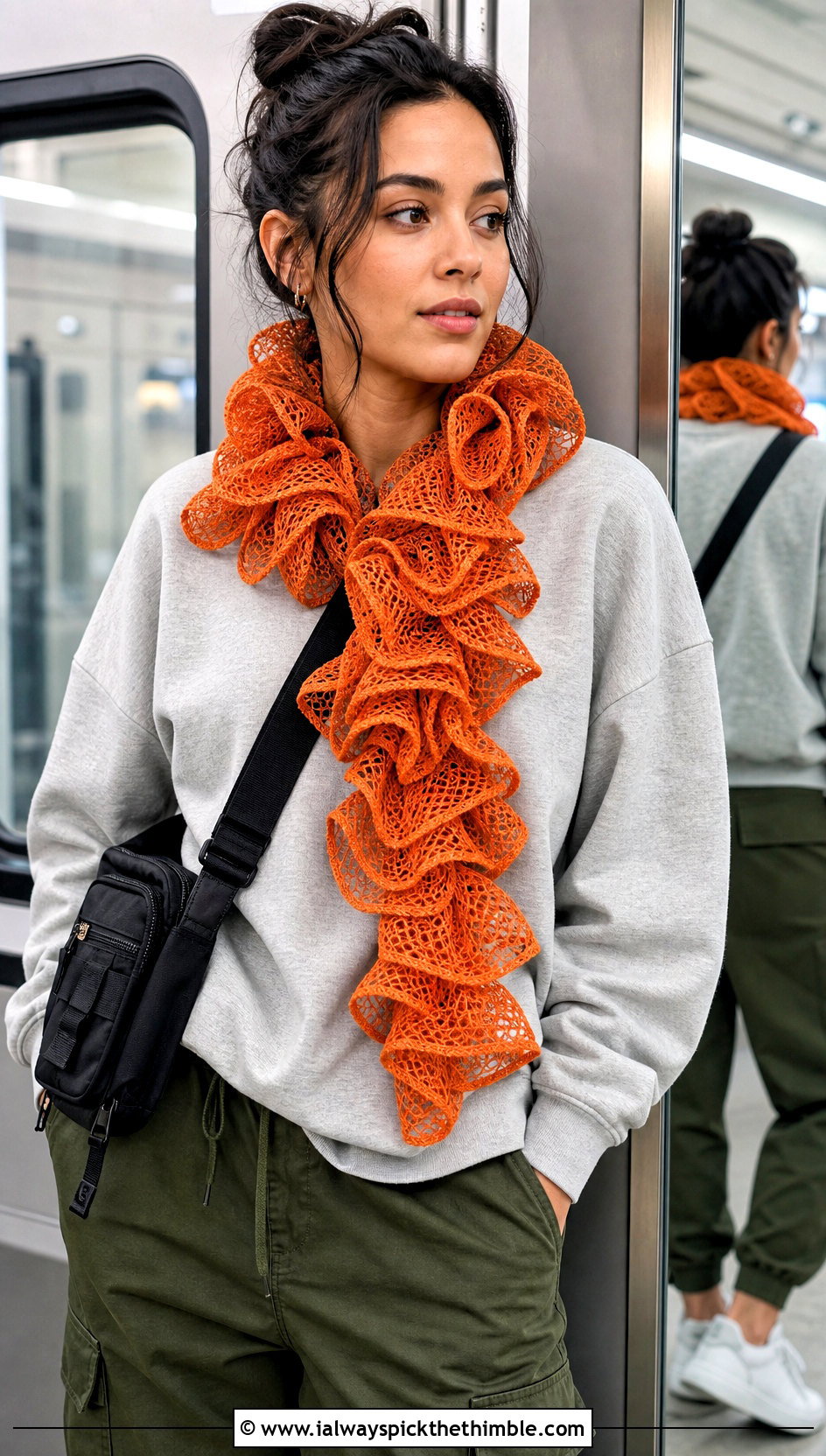 Sashay Mesh Crochet Ruffle Scarf With Sweatshirt And Cargo Pants - 20 crochet ruffle scarf outfit ideas