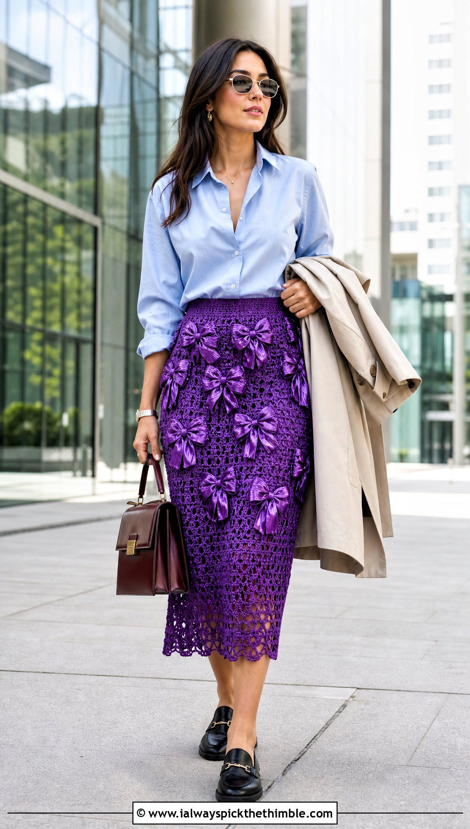 Satin Bow Crochet Midi Skirt With Button Down Shirt And Loafers - 15 Crochet Skirt With Ribbon Detail outfit ideas